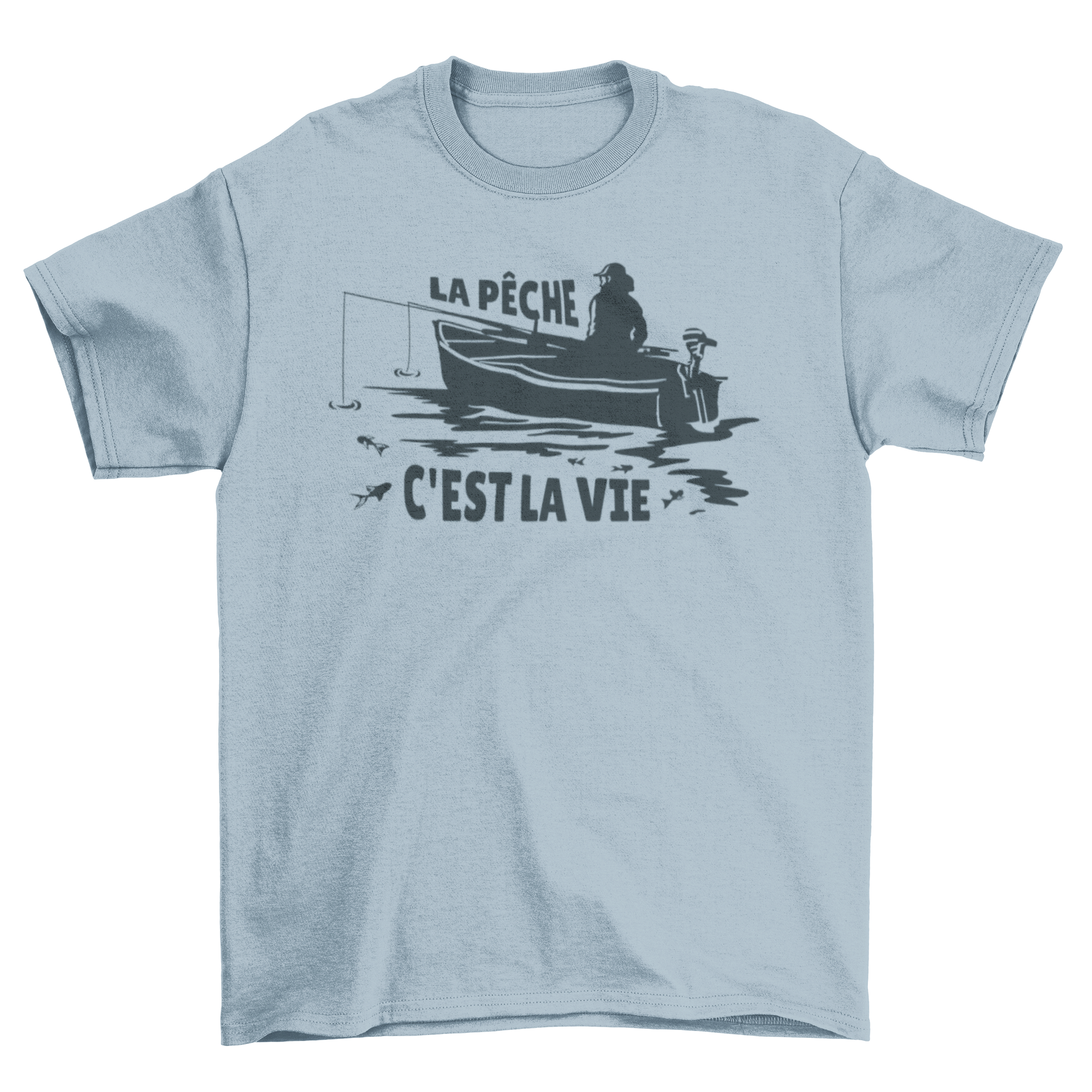 Fishing French quote t-shirt featuring an illustration of a person fishing with the quote 'La pêche c'est la vie'.