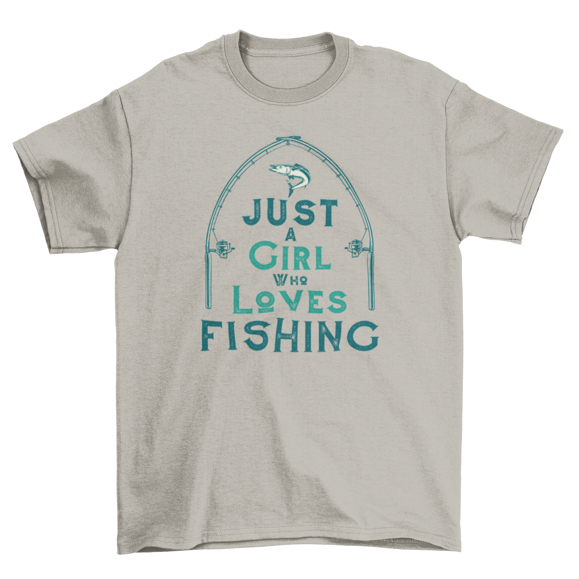 Fishing lover t-shirt featuring two fishing poles and a fish with the quote 'Just a girl who loves fishing'.