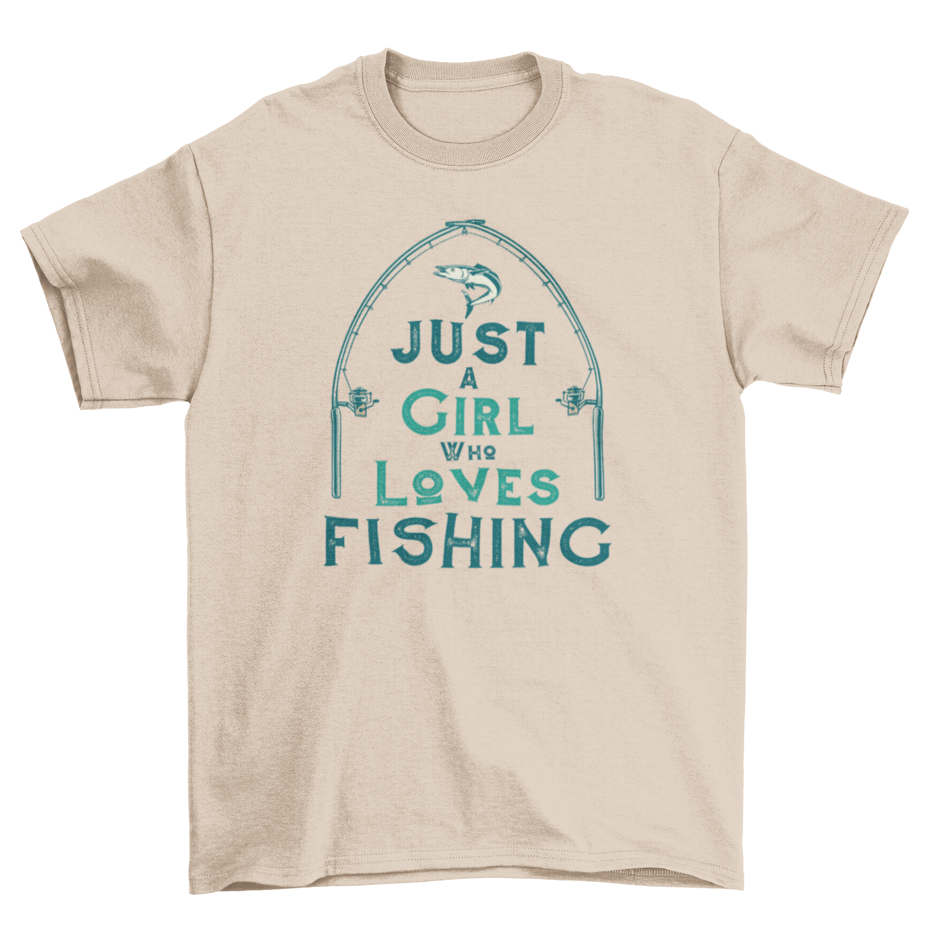 Fishing lover t-shirt featuring two fishing poles and a fish with the quote 'Just a girl who loves fishing'.