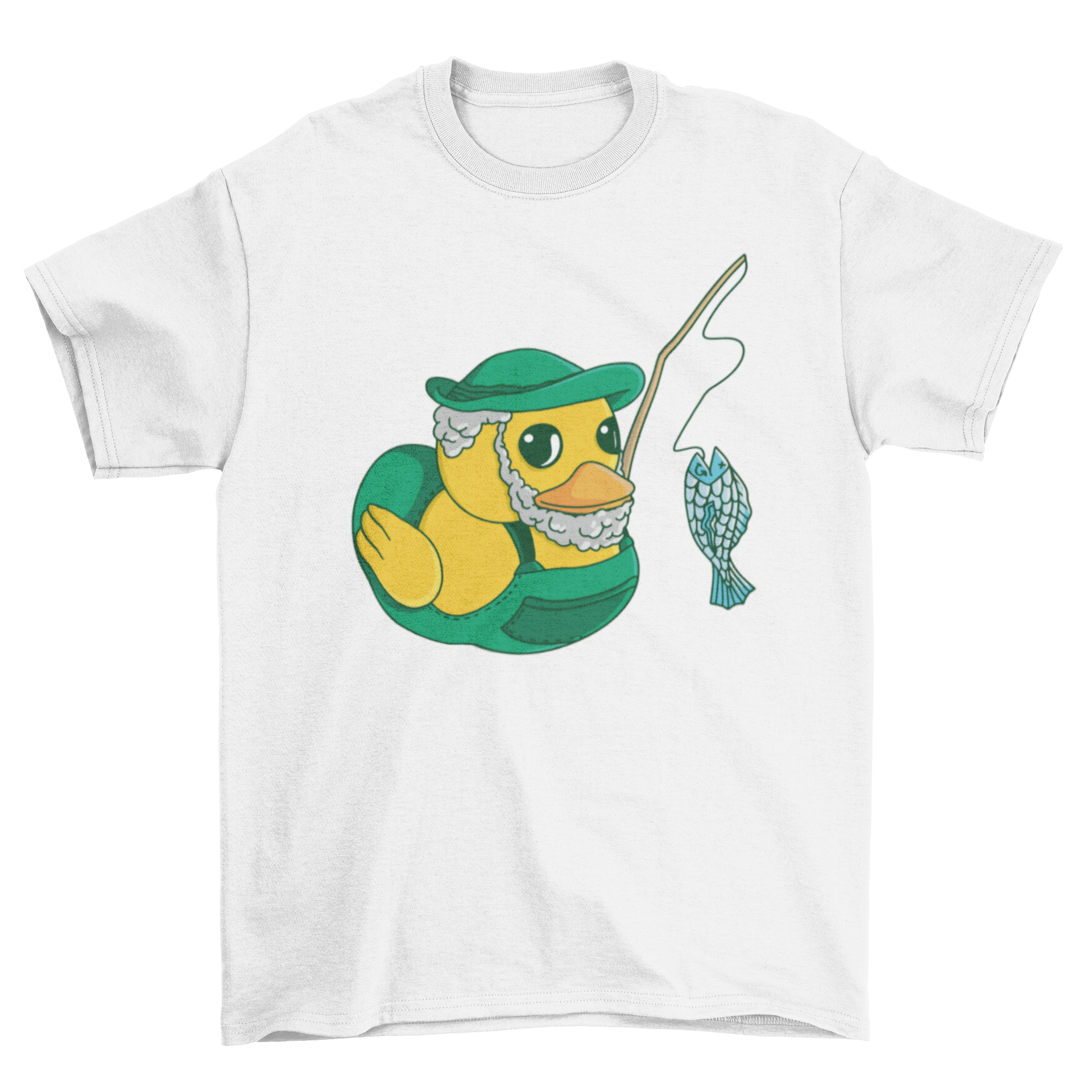 A colorful cartoon t-shirt featuring a fishing rubber duck design, perfect for fishing enthusiasts.
