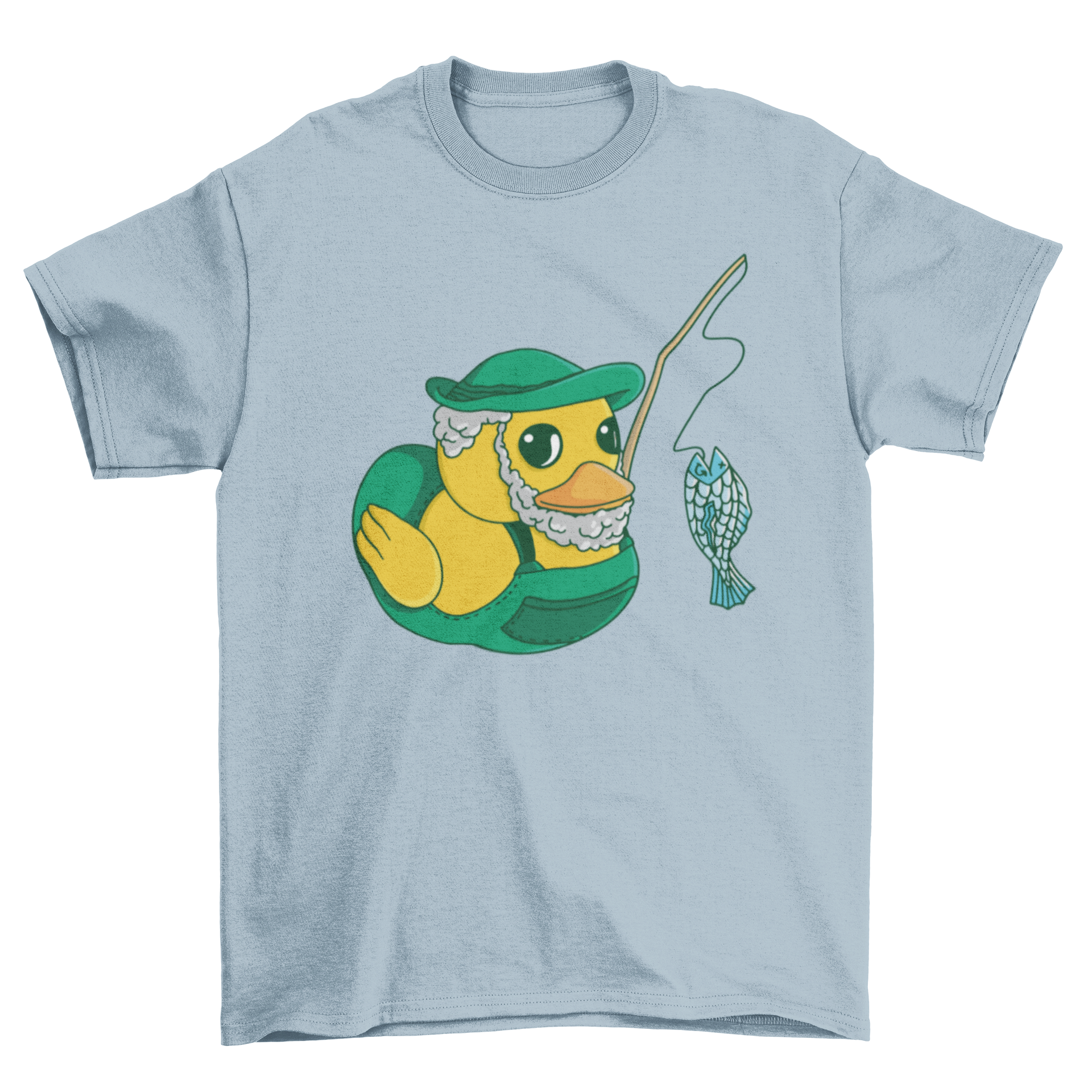 A colorful cartoon t-shirt featuring a fishing rubber duck design, perfect for fishing enthusiasts.