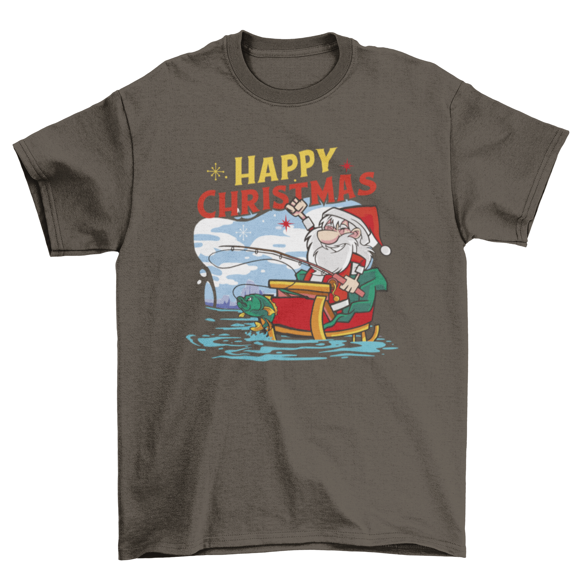 Fishing Santa Christmas t-shirt featuring Santa on a sled fishing with a festive quote.