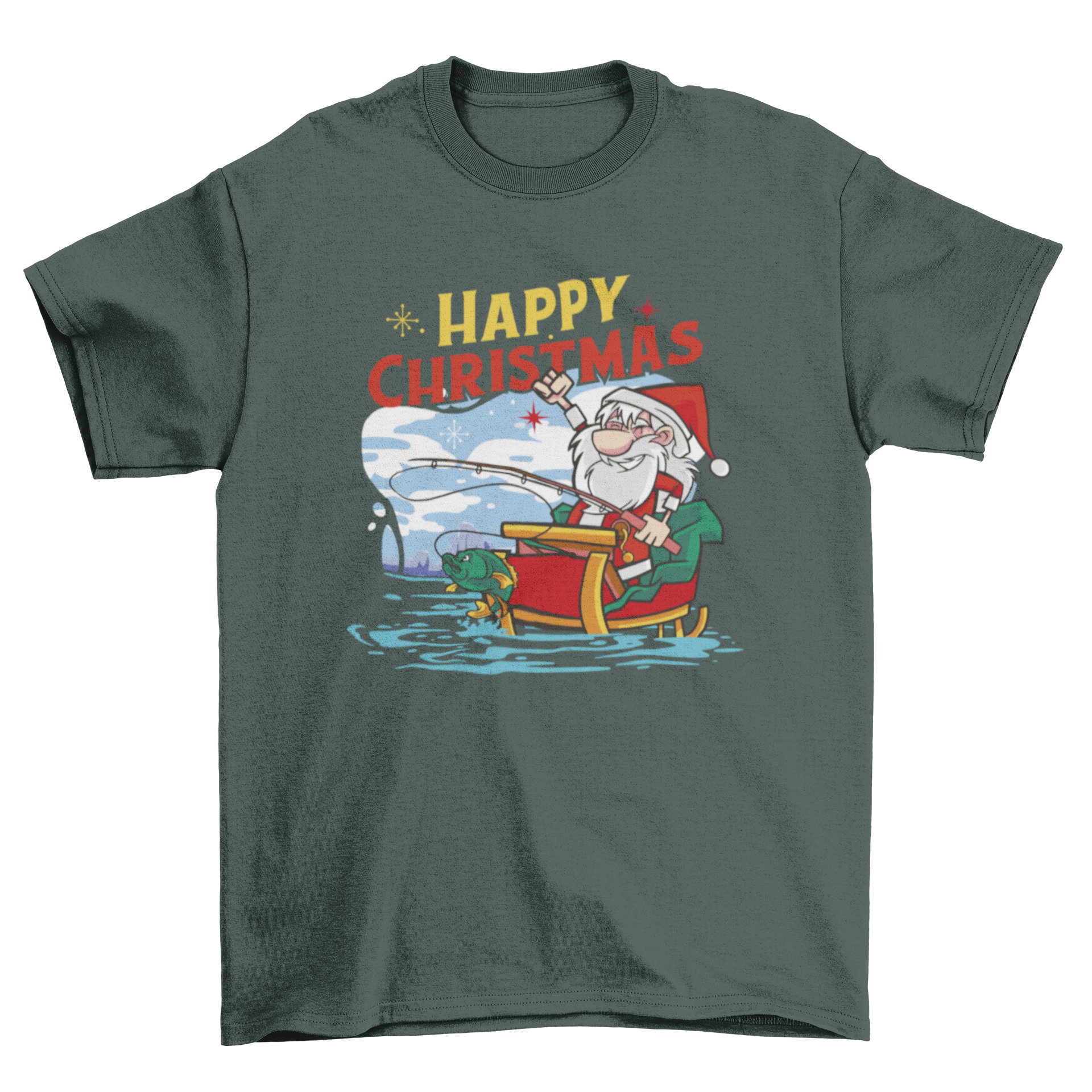 Fishing Santa Christmas t-shirt featuring Santa on a sled fishing with a festive quote.