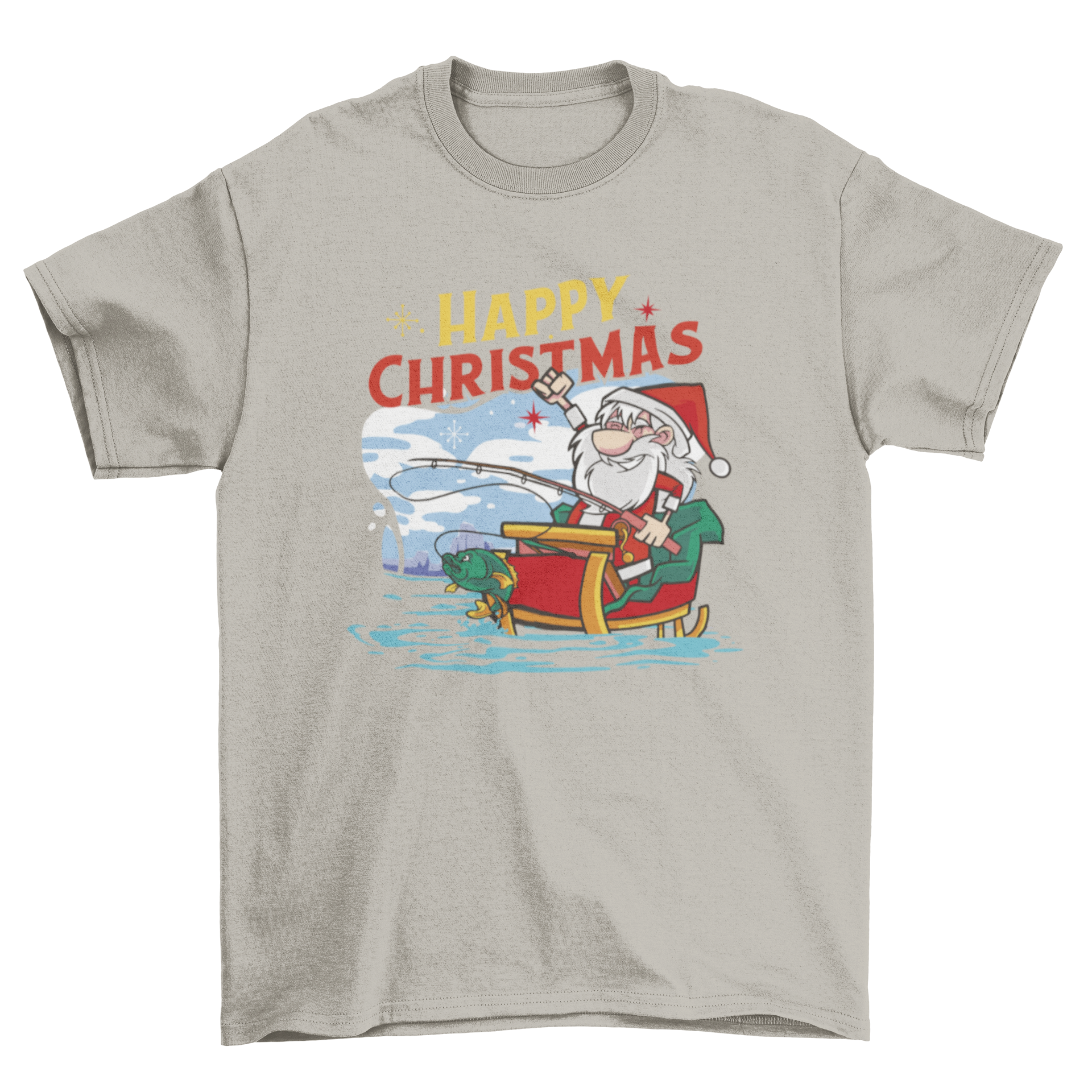 Fishing Santa Christmas t-shirt featuring Santa on a sled fishing with a festive quote.