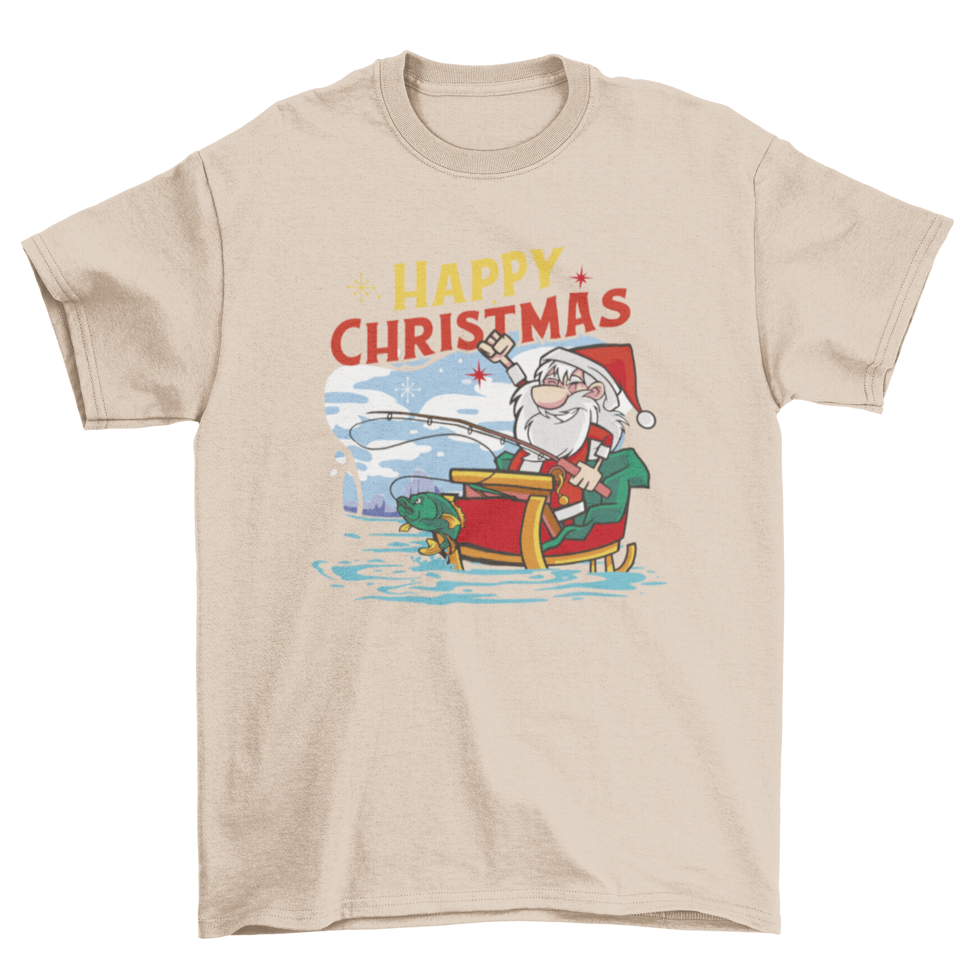 Fishing Santa Christmas t-shirt featuring Santa on a sled fishing with a festive quote.