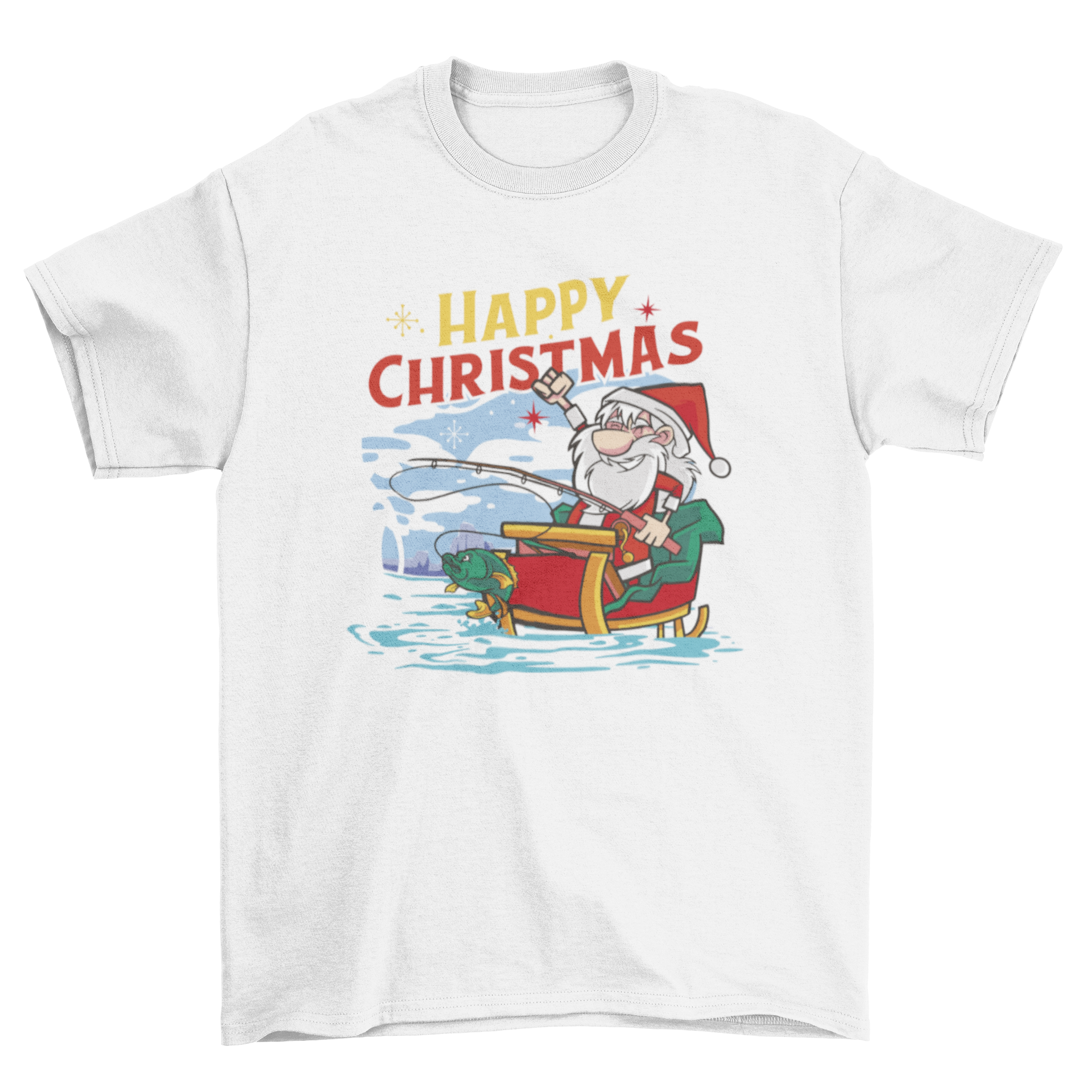 Fishing Santa Christmas t-shirt featuring Santa on a sled fishing with a festive quote.