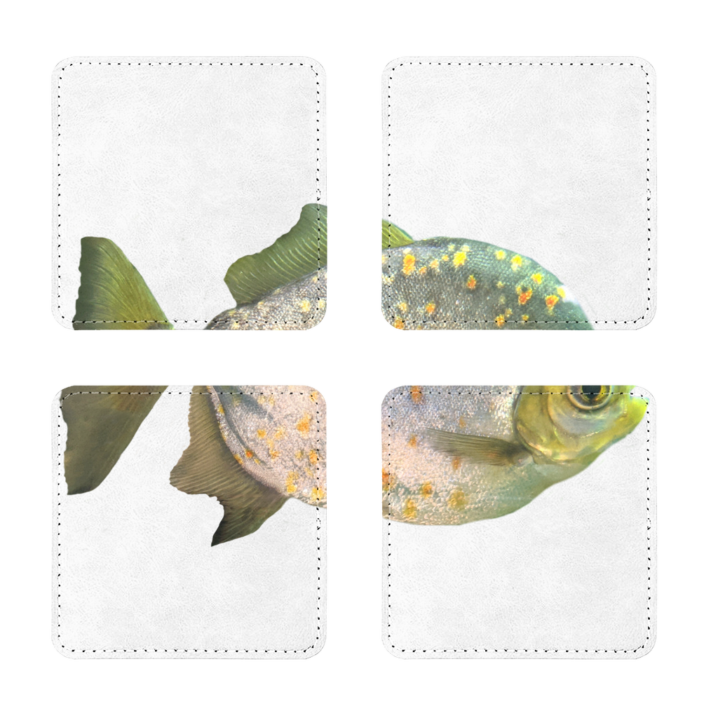 Pack of four stylish PU leather coasters in square and round shapes, featuring a white printable face and white stitching.