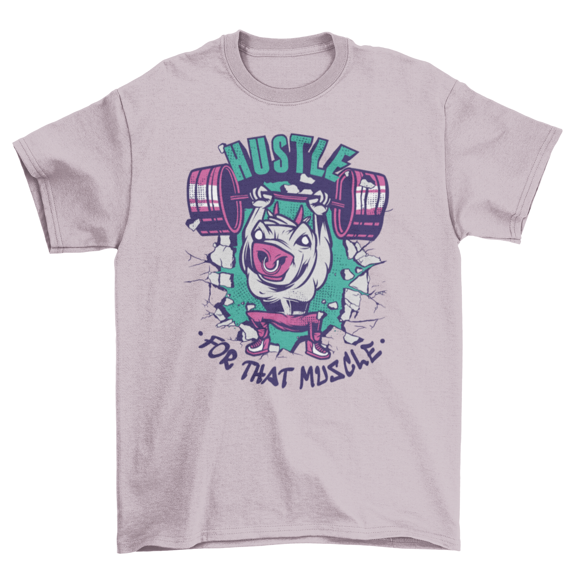 A playful t-shirt design featuring a pig lifting weights with the quote 'Hustle for that muscle' in bold letters.