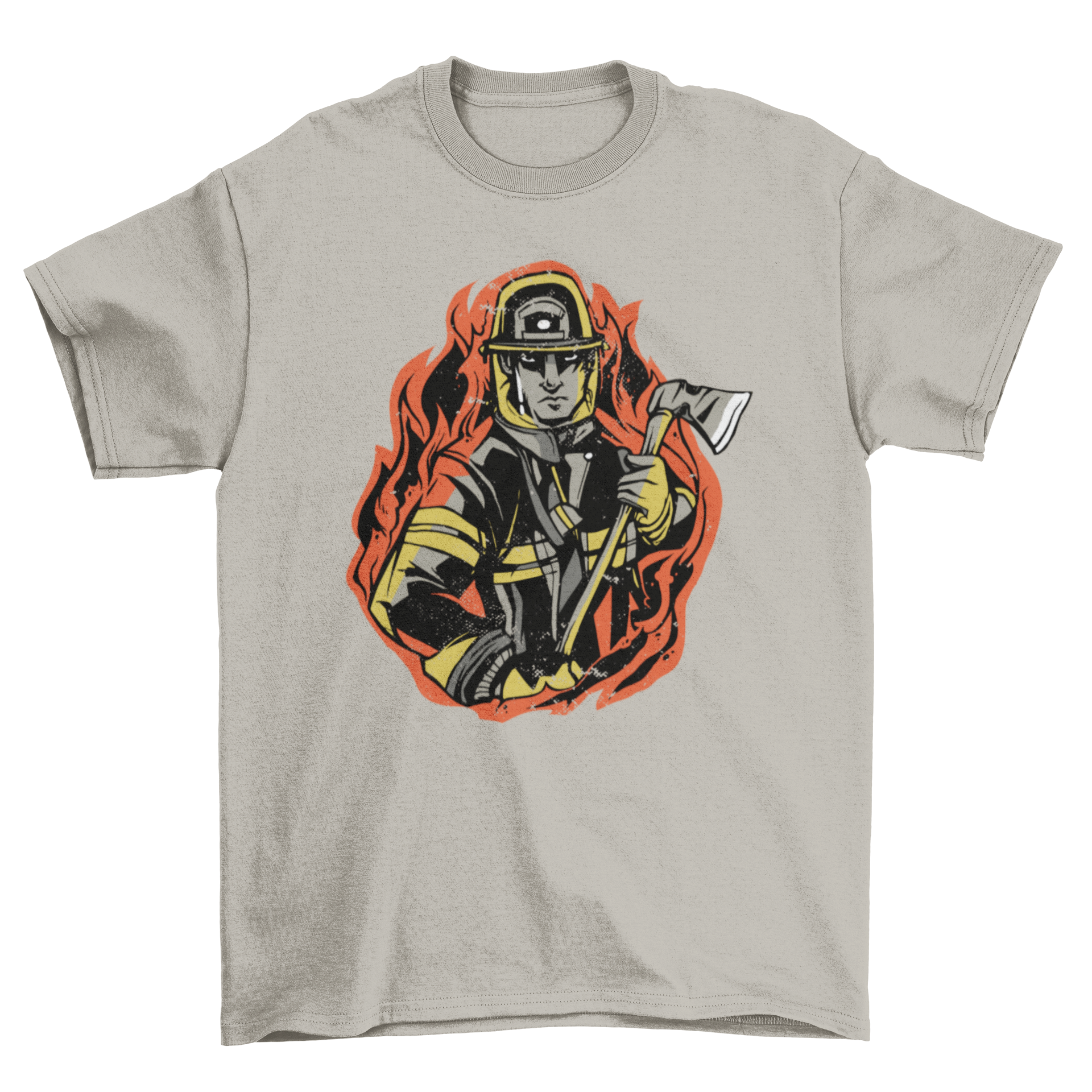 Flame Firefighter T-shirt featuring a detailed illustration of a firefighter surrounded by flames, showcasing bravery and dedication.