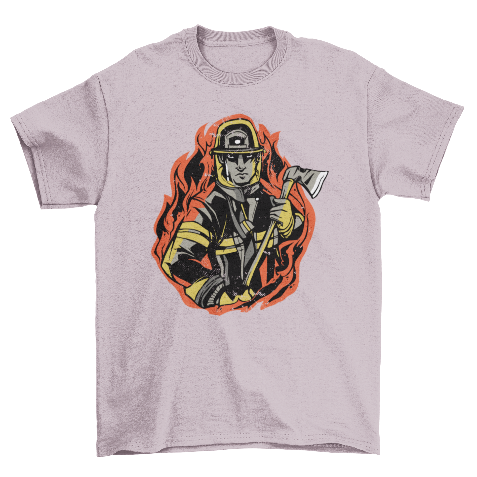 Flame Firefighter T-shirt featuring a detailed illustration of a firefighter surrounded by flames, showcasing bravery and dedication.