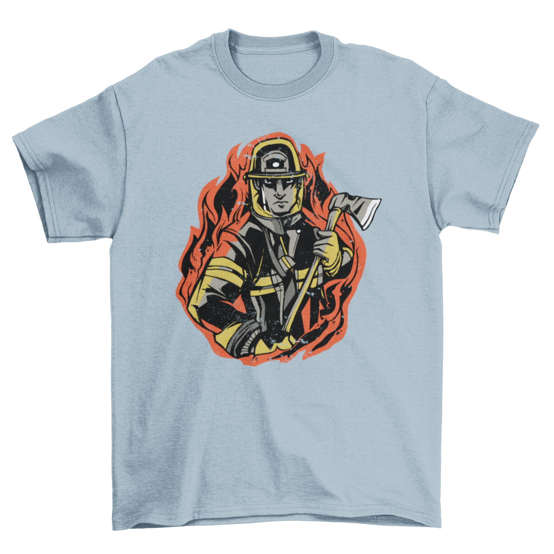 Flame Firefighter T-shirt featuring a detailed illustration of a firefighter surrounded by flames, showcasing bravery and dedication.