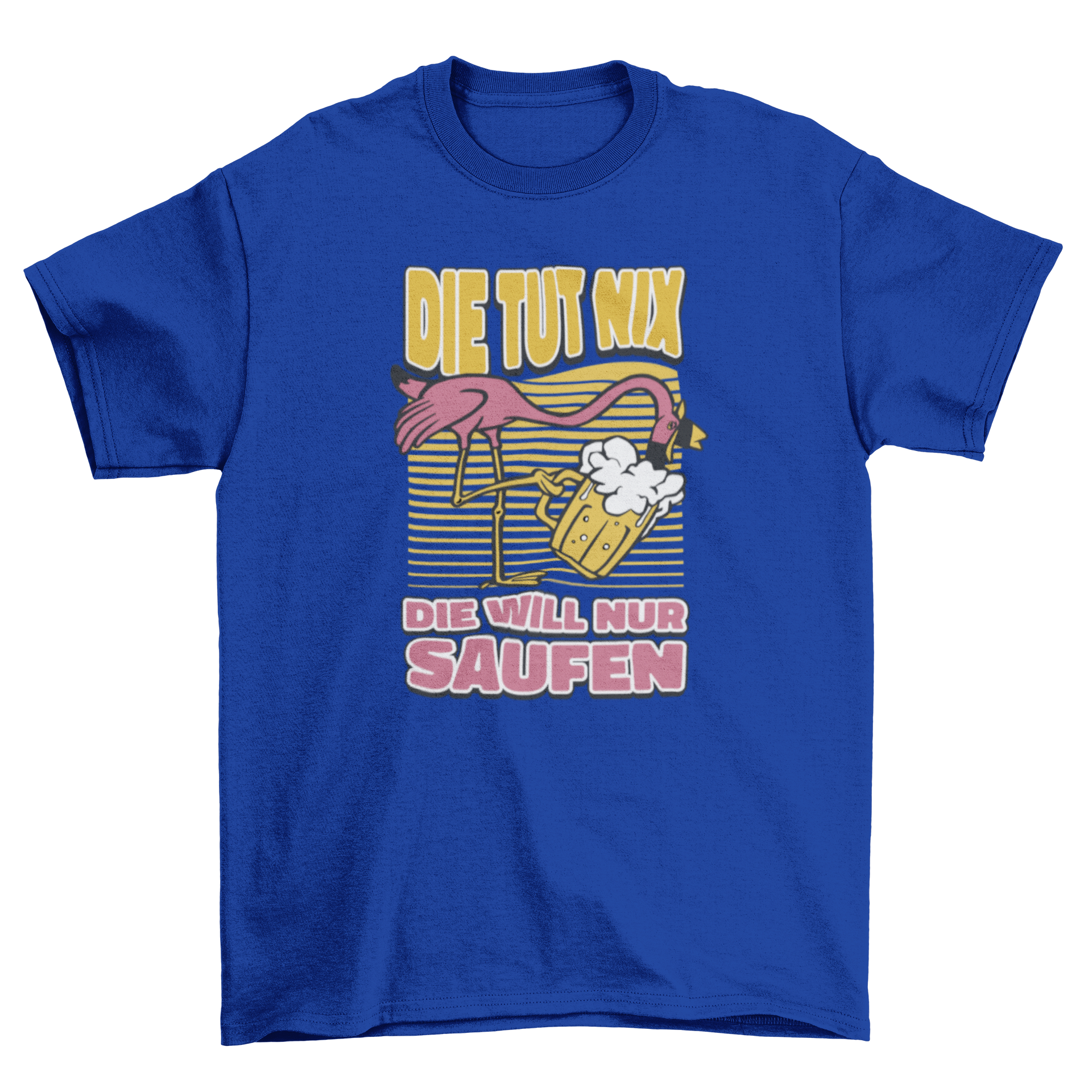 A colorful t-shirt featuring a flamingo drinking beer with a humorous German quote.