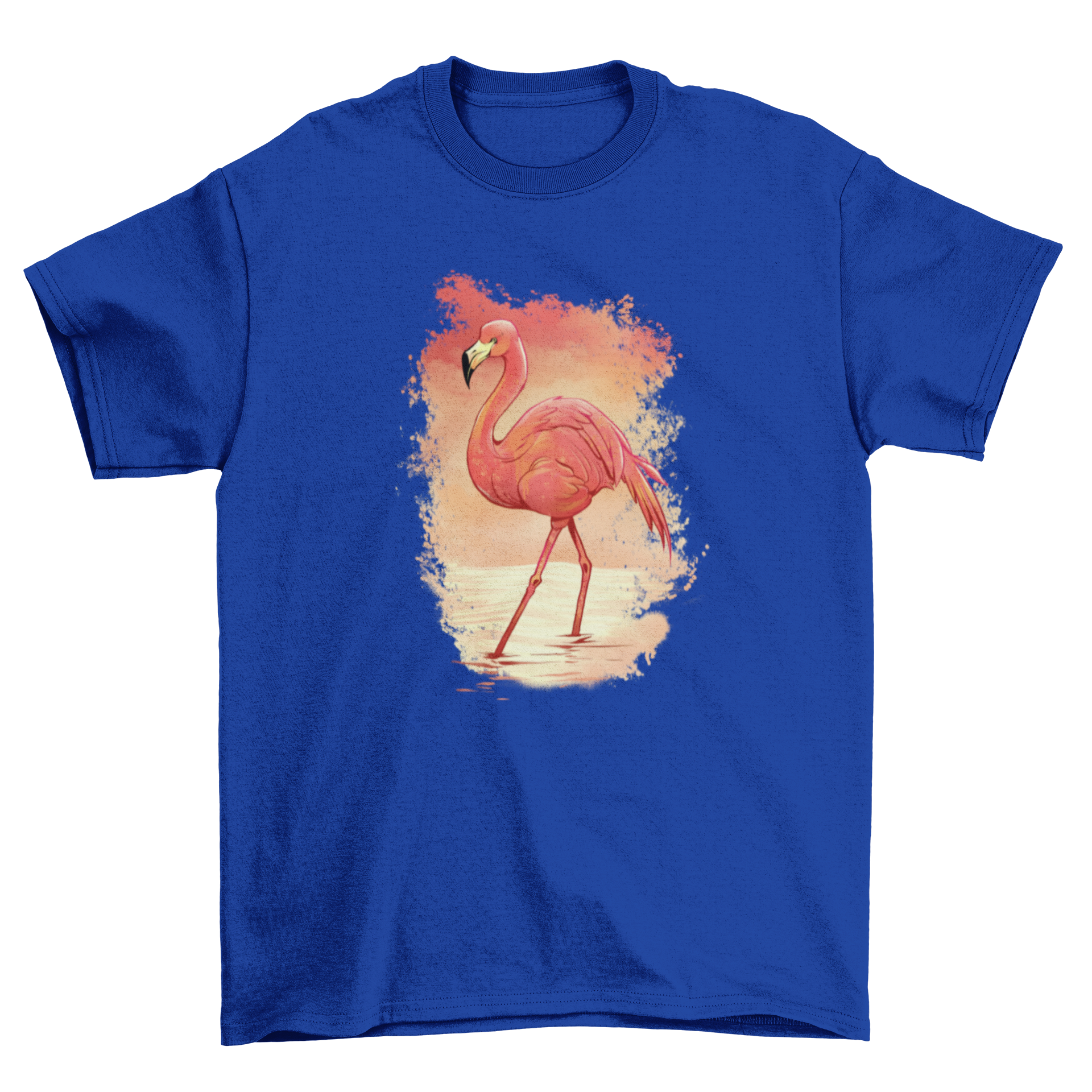 A stylish t-shirt featuring a realistic flamingo painting, showcasing vibrant colors and intricate details.