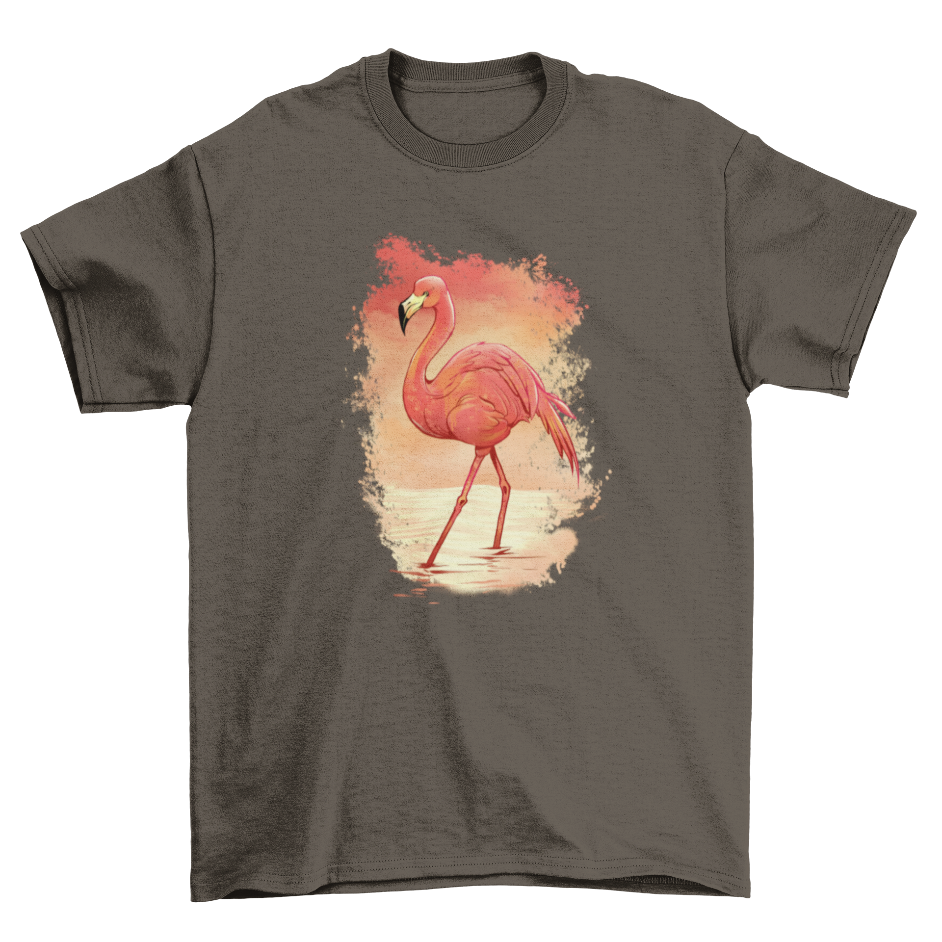A stylish t-shirt featuring a realistic flamingo painting, showcasing vibrant colors and intricate details.