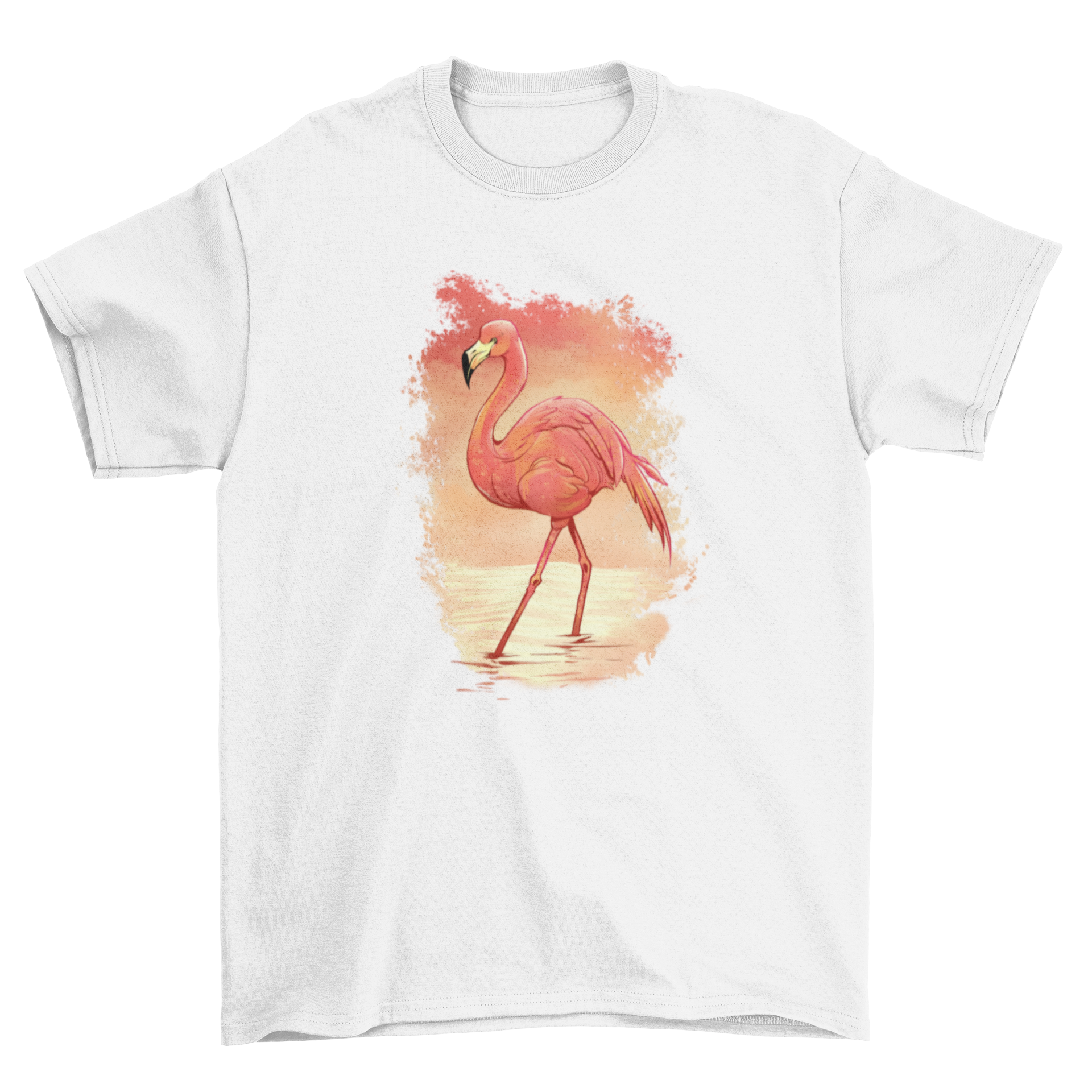 A stylish t-shirt featuring a realistic flamingo painting, showcasing vibrant colors and intricate details.