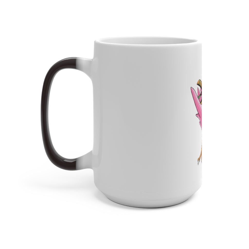 Flarem Color Changing Mug showcasing vibrant colors when filled with a hot beverage, featuring a white ceramic body and a comfortable C-handle.