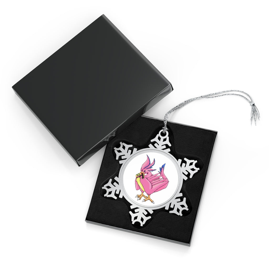 Flaremyu Pewter Snowflake Ornament with silver-toned hanging string, showcasing intricate snowflake design.