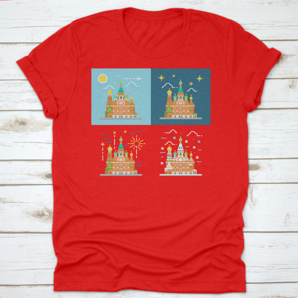Flat design illustration of the Church of the Savior on Blood on a cotton shirt, showcasing vibrant colors and intricate details.