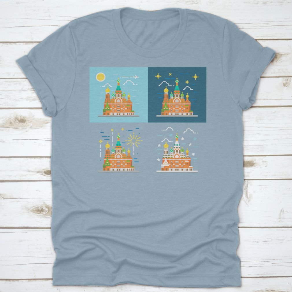 Flat design illustration of the Church of the Savior on Blood on a cotton shirt, showcasing vibrant colors and intricate details.