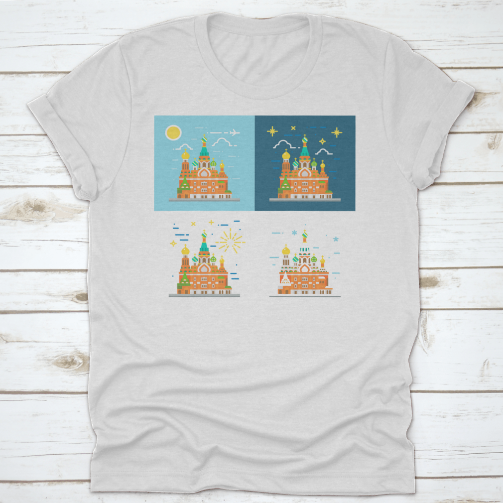 Flat design illustration of the Church of the Savior on Blood on a cotton shirt, showcasing vibrant colors and intricate details.