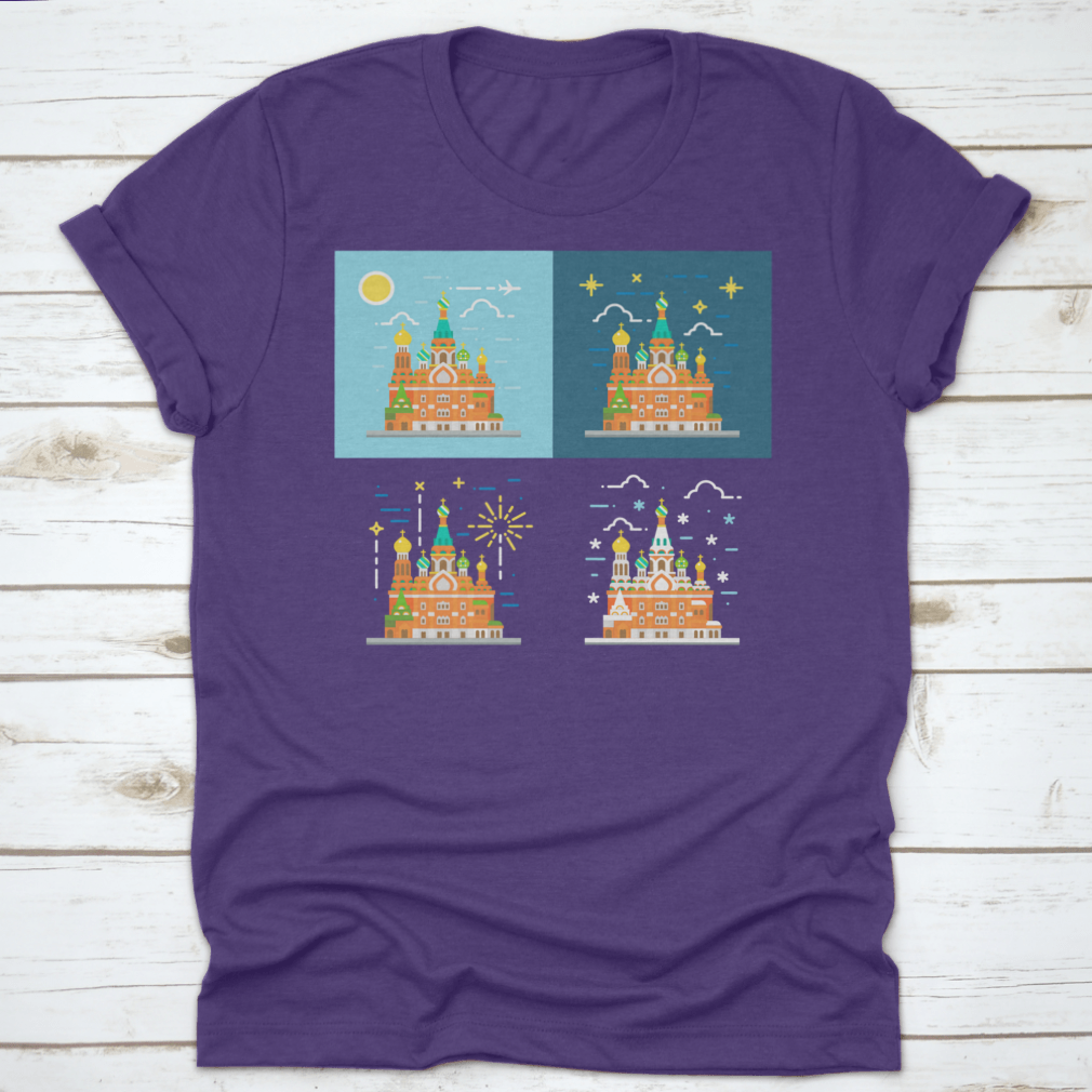Flat design illustration of the Church of the Savior on Blood on a cotton shirt, showcasing vibrant colors and intricate details.