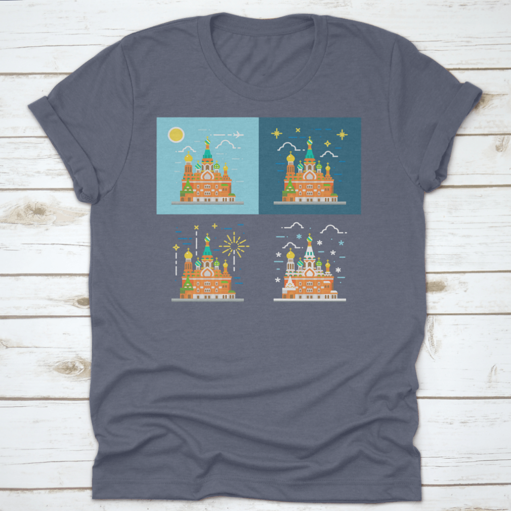 Flat design illustration of the Church of the Savior on Blood on a cotton shirt, showcasing vibrant colors and intricate details.