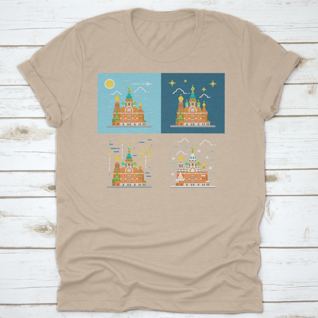 Flat design illustration of the Church of the Savior on Blood on a cotton shirt, showcasing vibrant colors and intricate details.