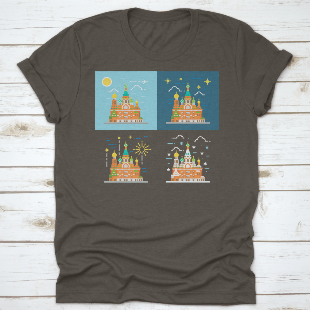 Flat design illustration of the Church of the Savior on Blood on a cotton shirt, showcasing vibrant colors and intricate details.