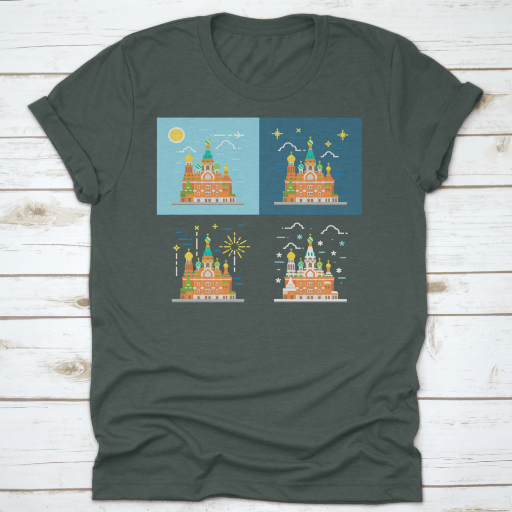 Flat design illustration of the Church of the Savior on Blood on a cotton shirt, showcasing vibrant colors and intricate details.