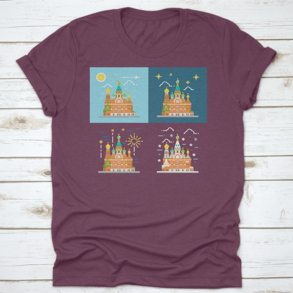 Flat design illustration of the Church of the Savior on Blood on a cotton shirt, showcasing vibrant colors and intricate details.