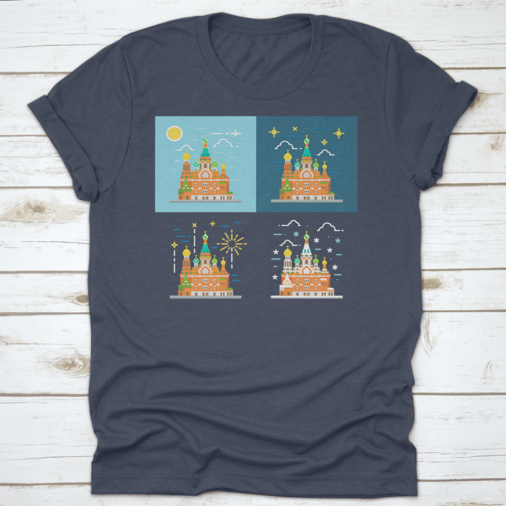 Flat design illustration of the Church of the Savior on Blood on a cotton shirt, showcasing vibrant colors and intricate details.