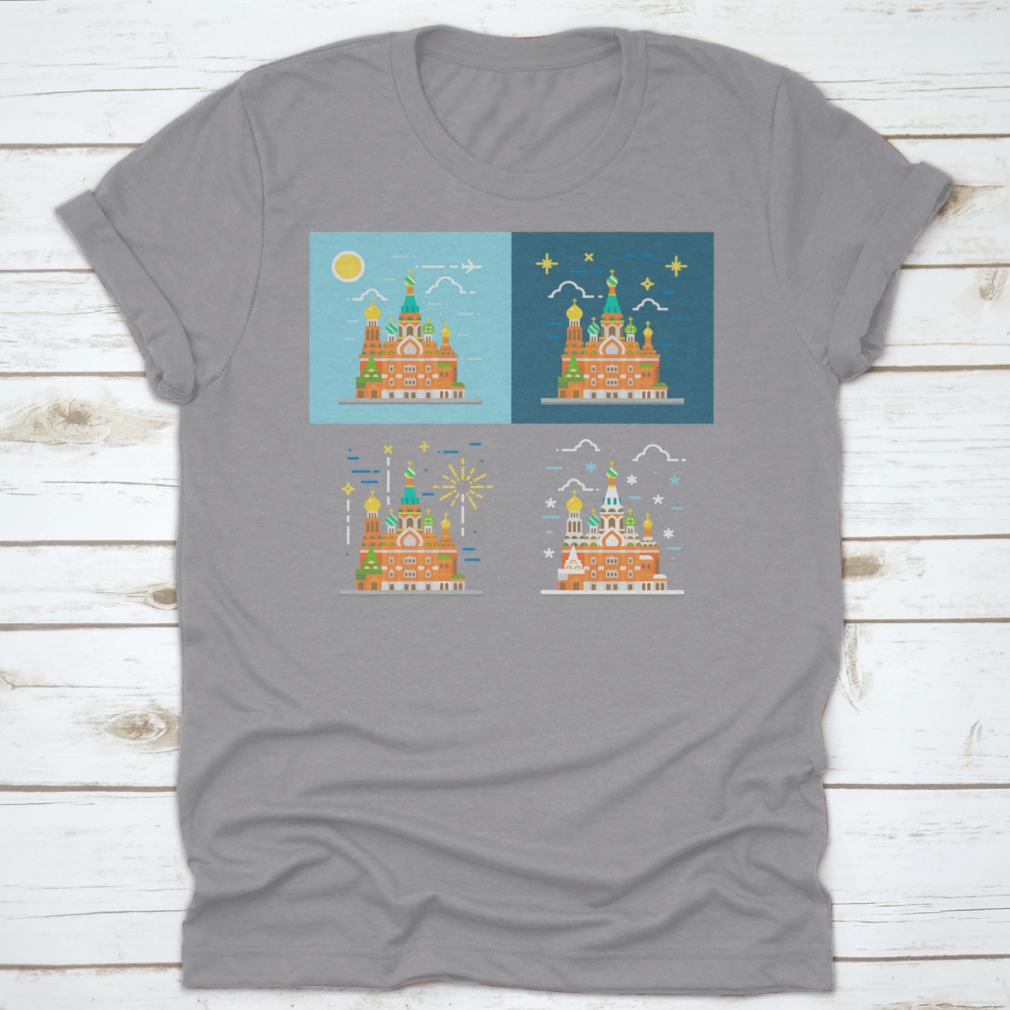 Flat design illustration of the Church of the Savior on Blood on a cotton shirt, showcasing vibrant colors and intricate details.