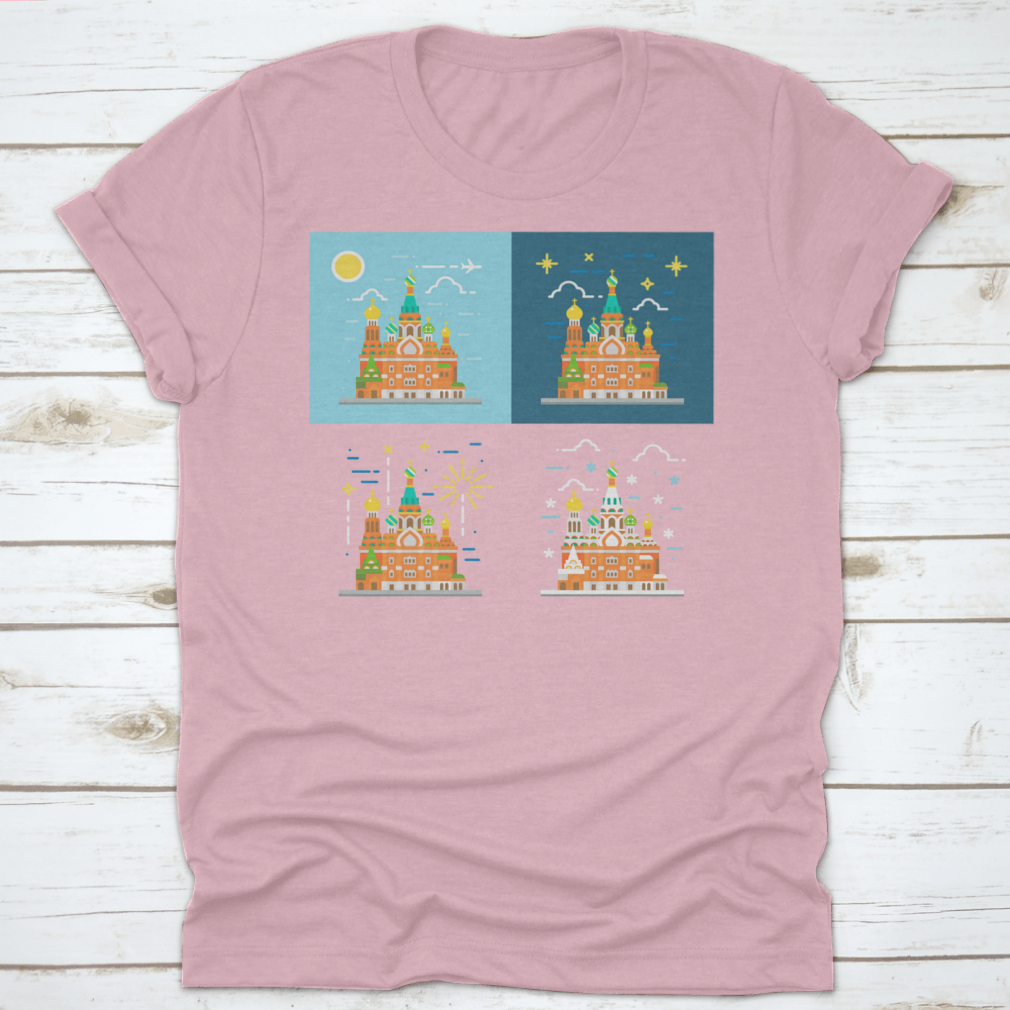 Flat design illustration of the Church of the Savior on Blood on a cotton shirt, showcasing vibrant colors and intricate details.