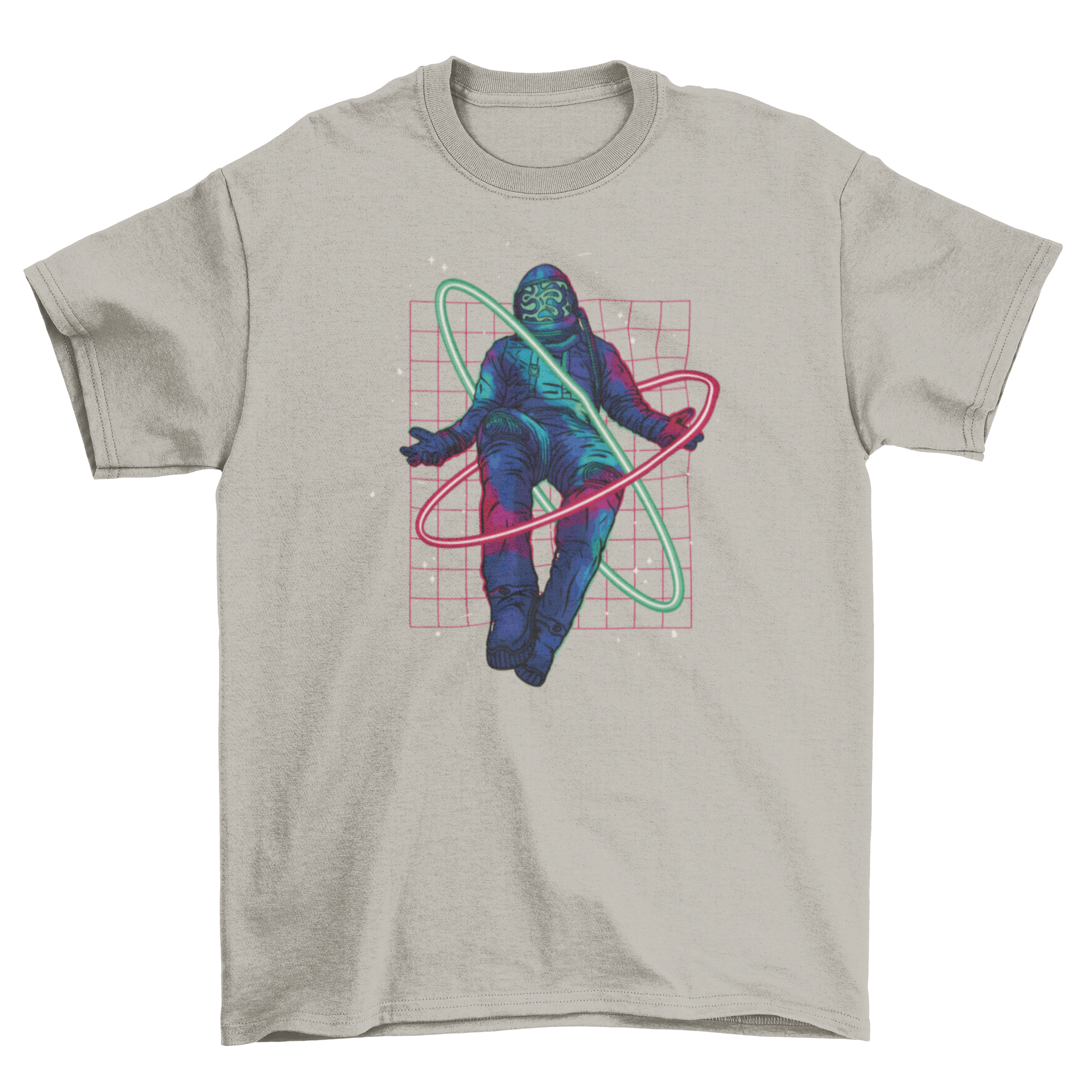 A vibrant neon t-shirt featuring an astronaut floating in space surrounded by colorful orbs, showcasing a unique and artistic design.