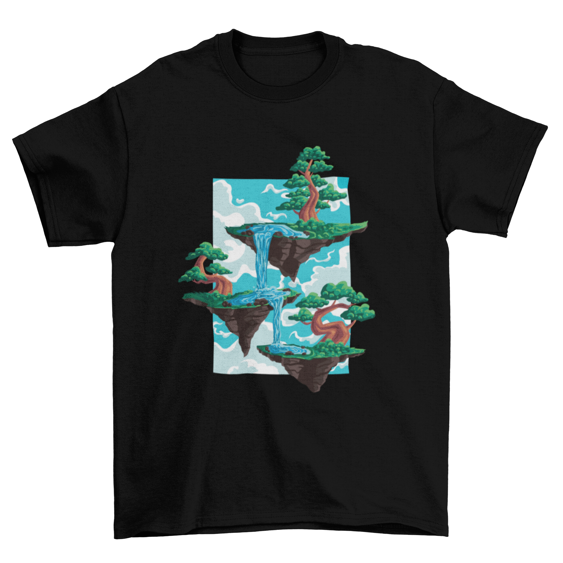 A stylish t-shirt featuring a vibrant design of three floating islands with bonsai trees, showcasing nature's beauty.