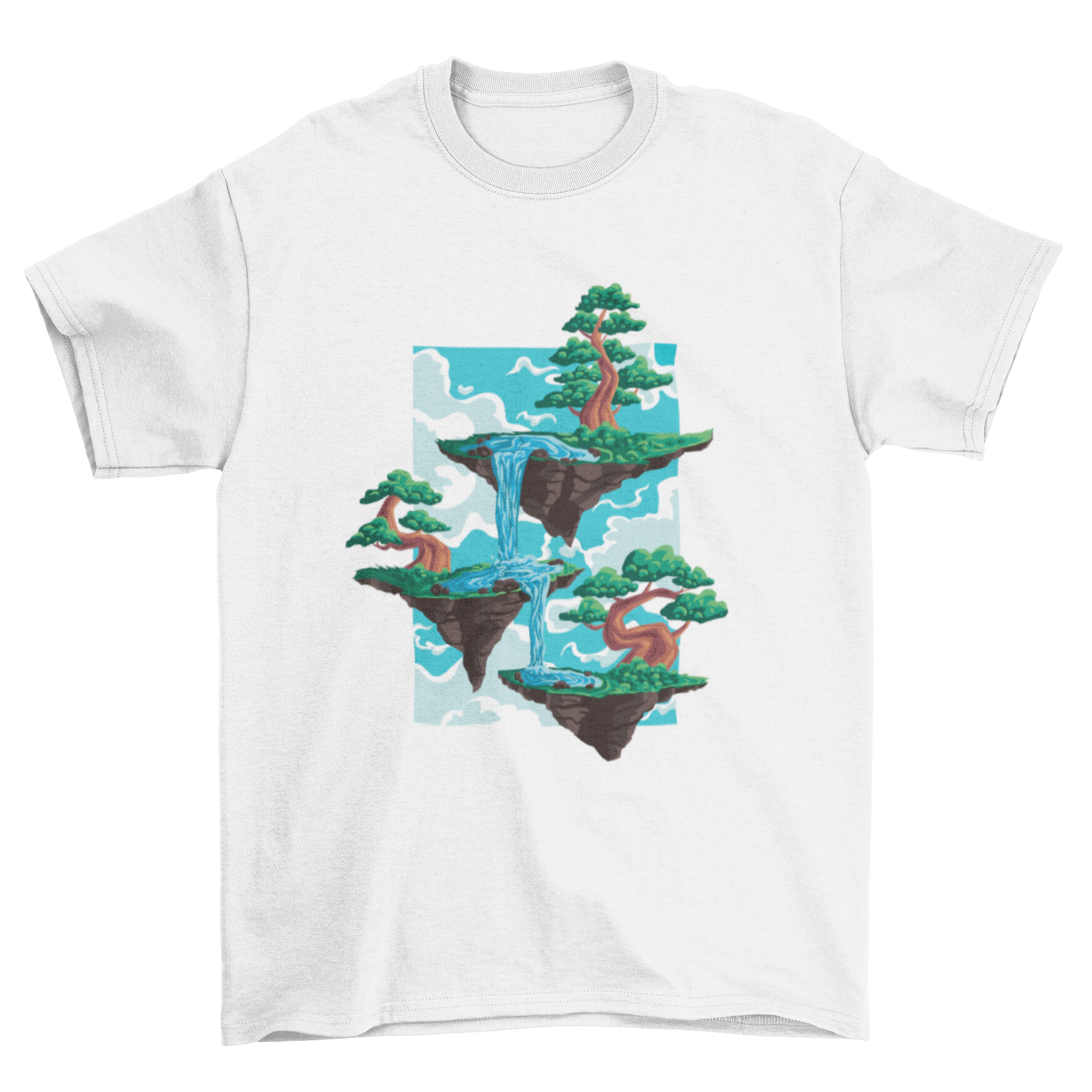 A stylish t-shirt featuring a vibrant design of three floating islands with bonsai trees, showcasing nature's beauty.