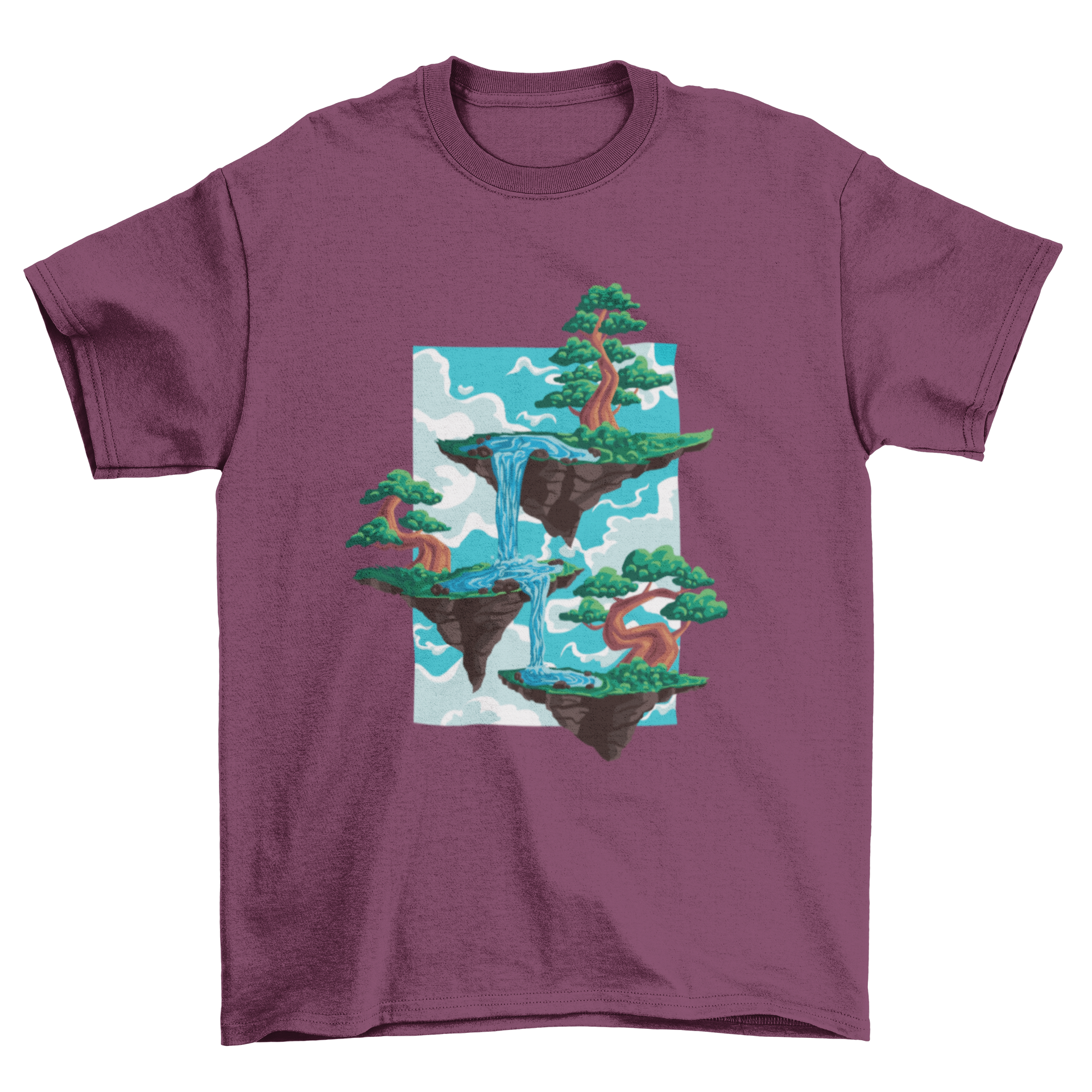 A stylish t-shirt featuring a vibrant design of three floating islands with bonsai trees, showcasing nature's beauty.