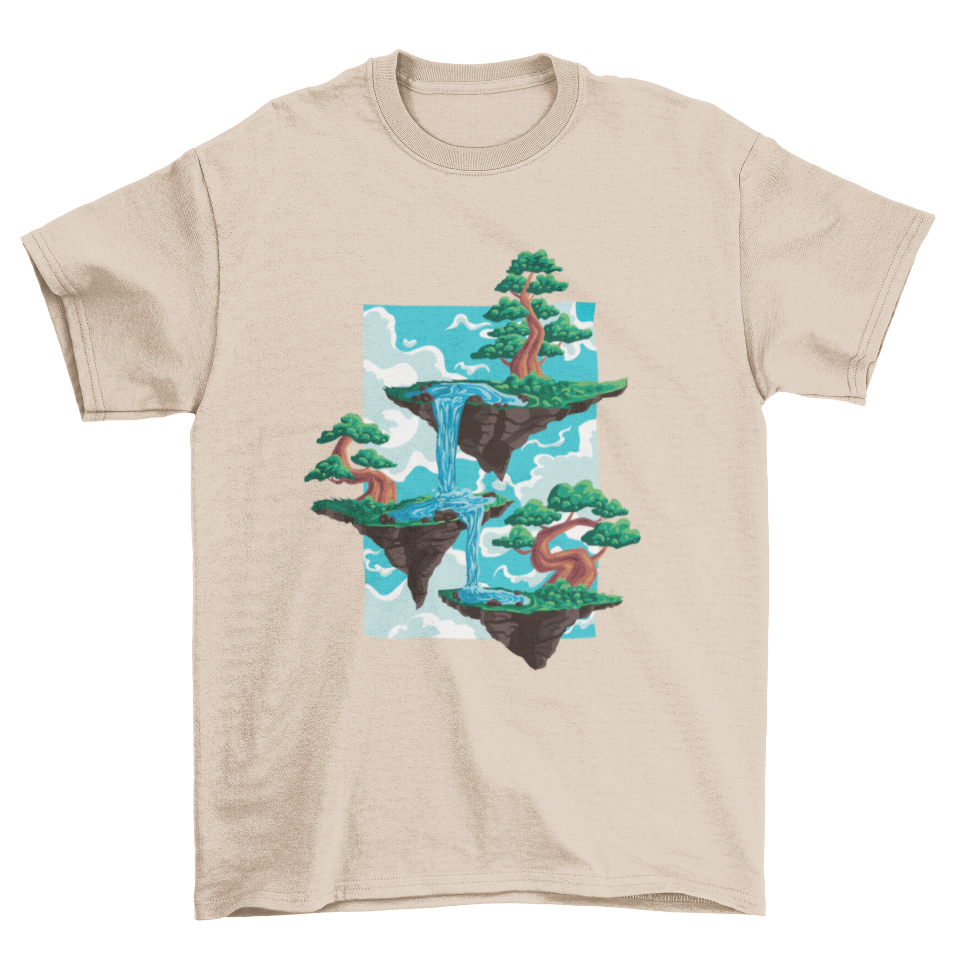 A stylish t-shirt featuring a vibrant design of three floating islands with bonsai trees, showcasing nature's beauty.