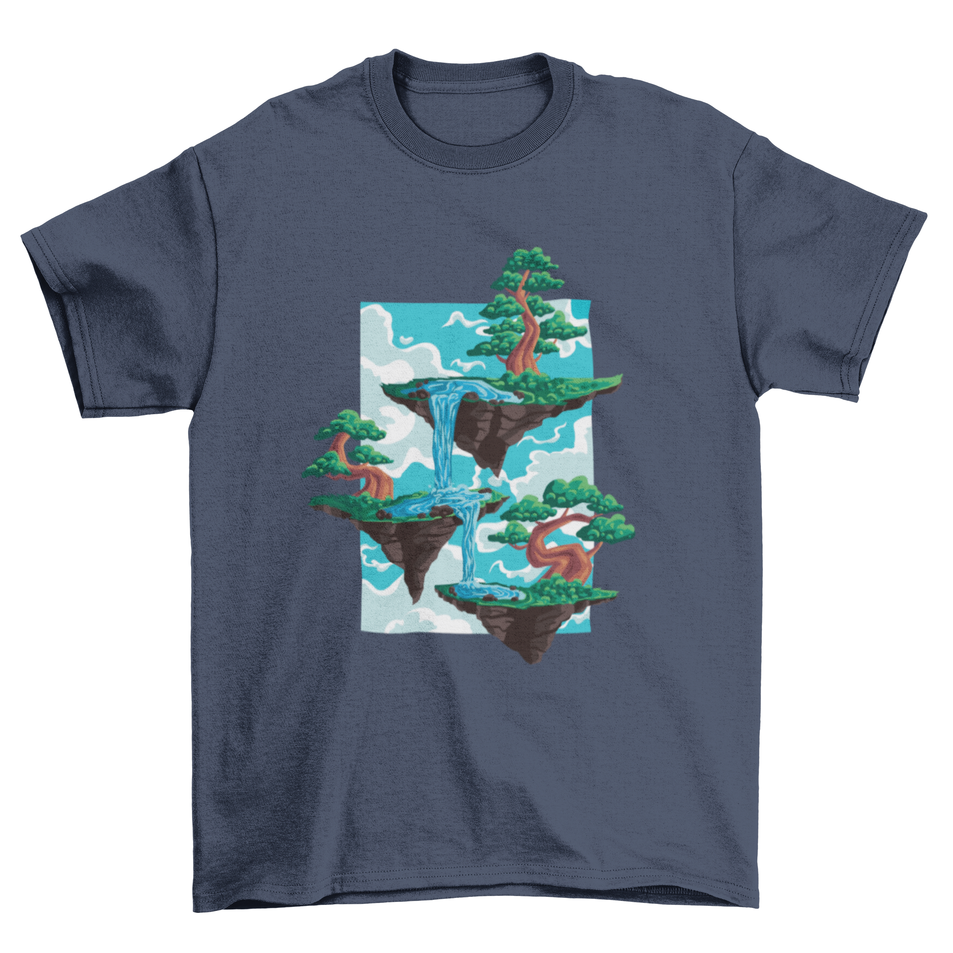 A stylish t-shirt featuring a vibrant design of three floating islands with bonsai trees, showcasing nature's beauty.