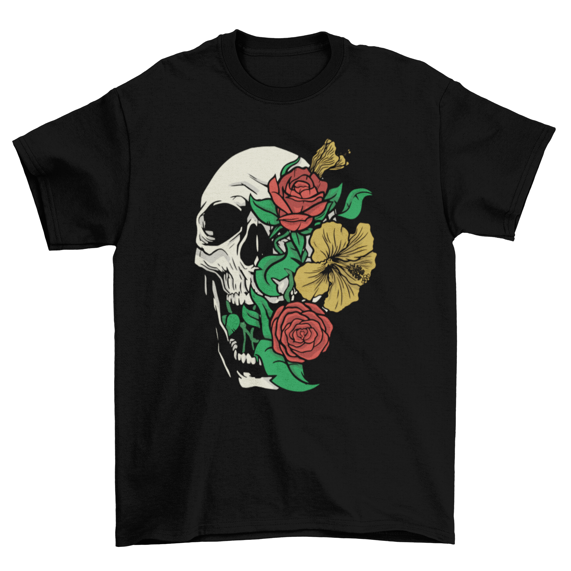 Floral cranium t-shirt design featuring a screaming skull surrounded by colorful flowers, perfect for unique merchandise.