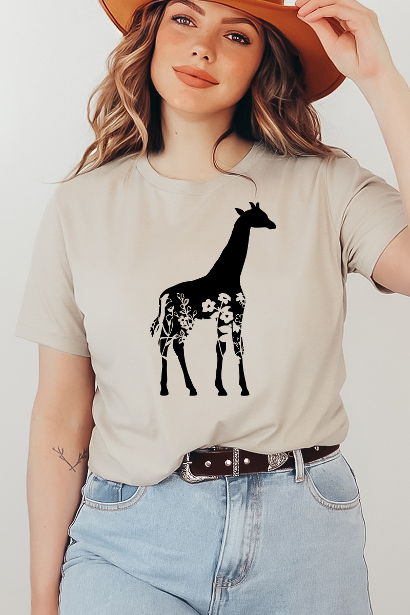 Floral Giraffe T-shirt featuring vibrant colors and a unique design on premium cotton fabric.