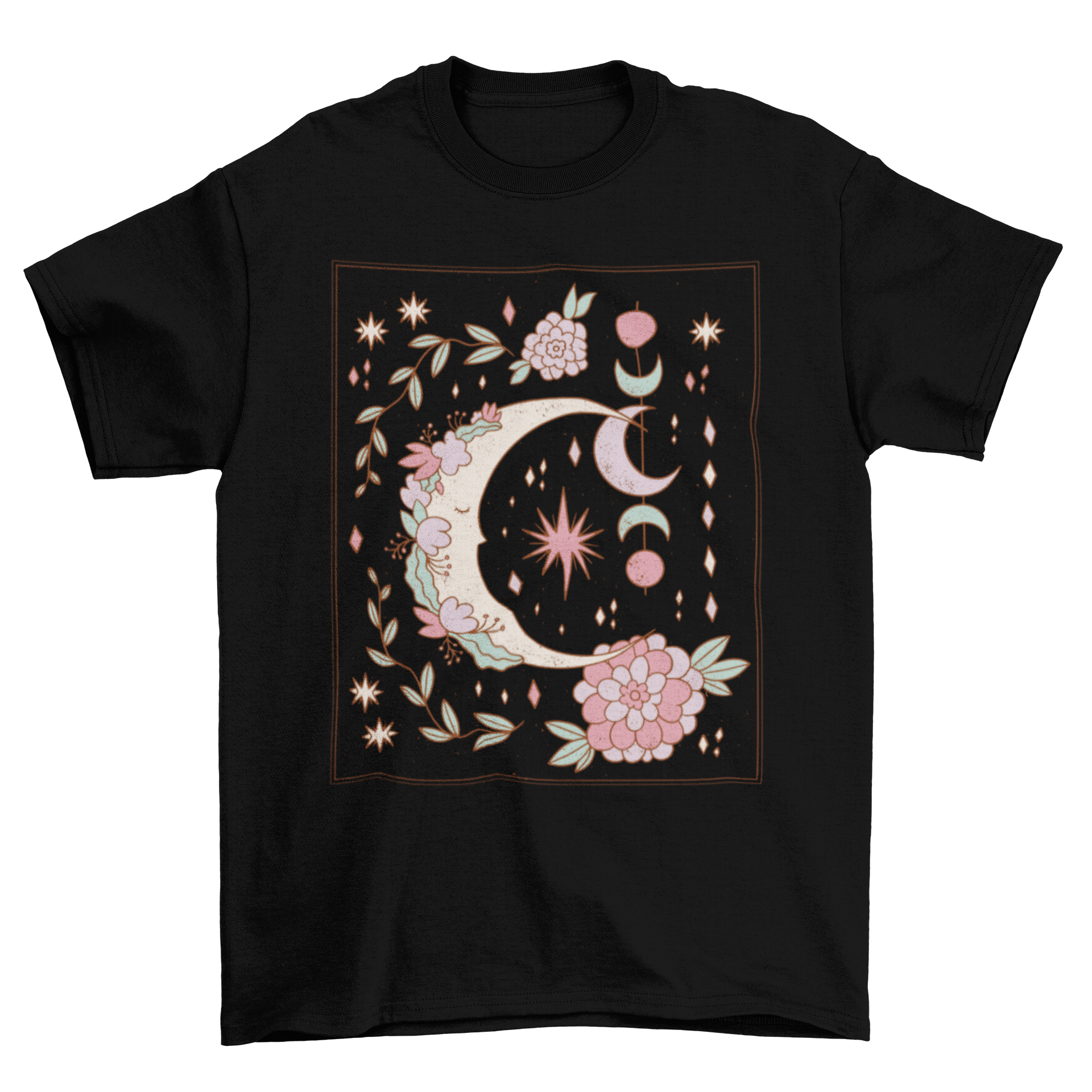 Floral Ornamental Moon T-shirt featuring a crescent moon design with colorful flowers and intricate ornament details.