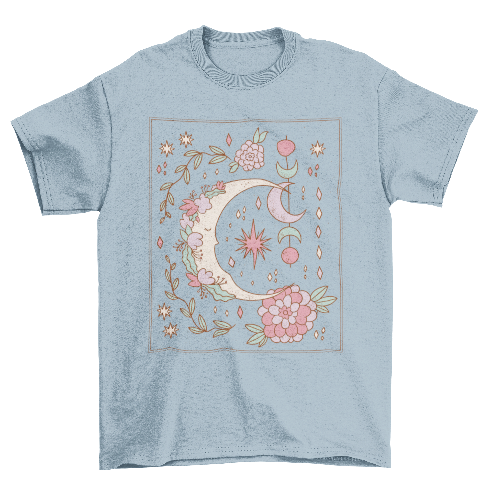 Floral Ornamental Moon T-shirt featuring a crescent moon design with colorful flowers and intricate ornament details.