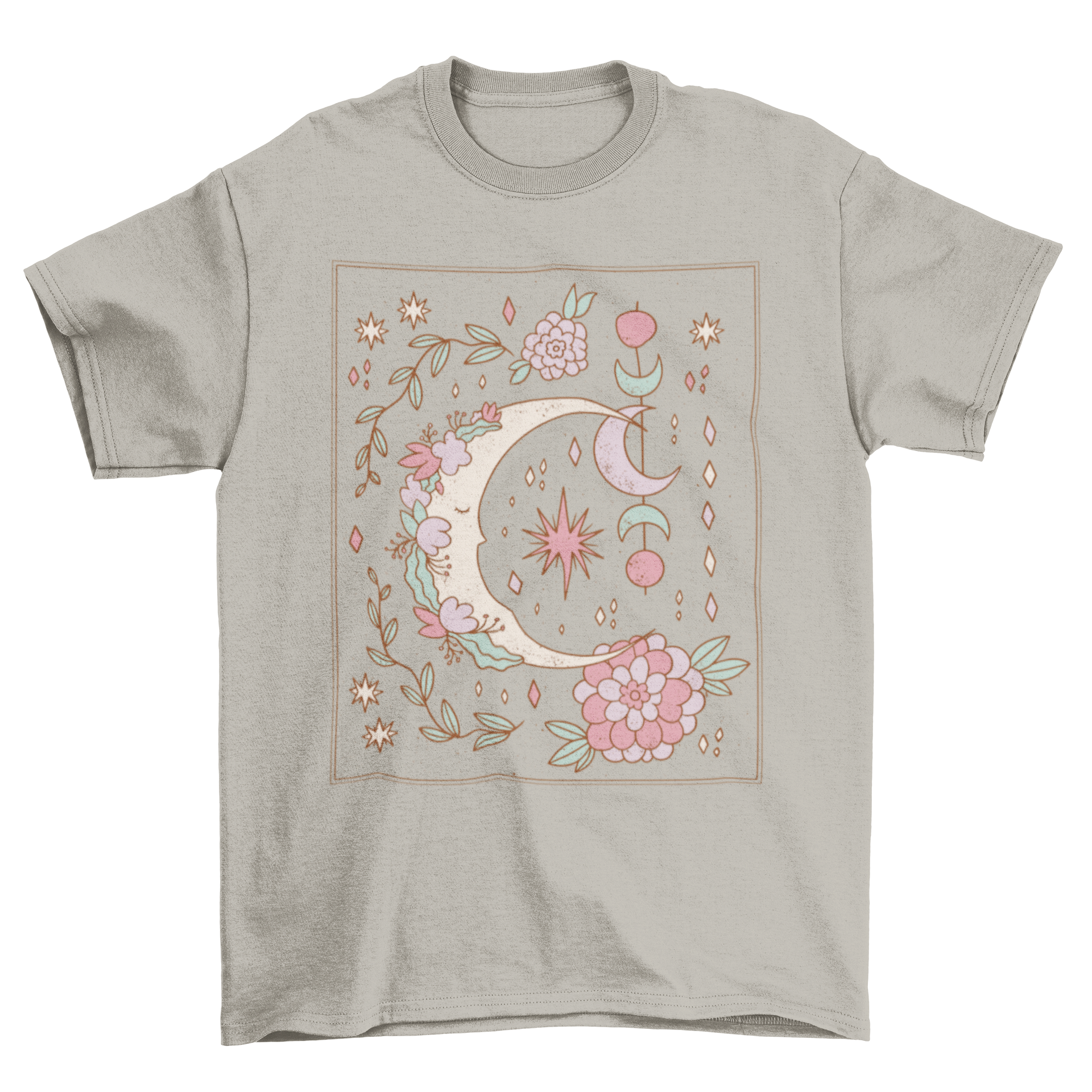 Floral Ornamental Moon T-shirt featuring a crescent moon design with colorful flowers and intricate ornament details.