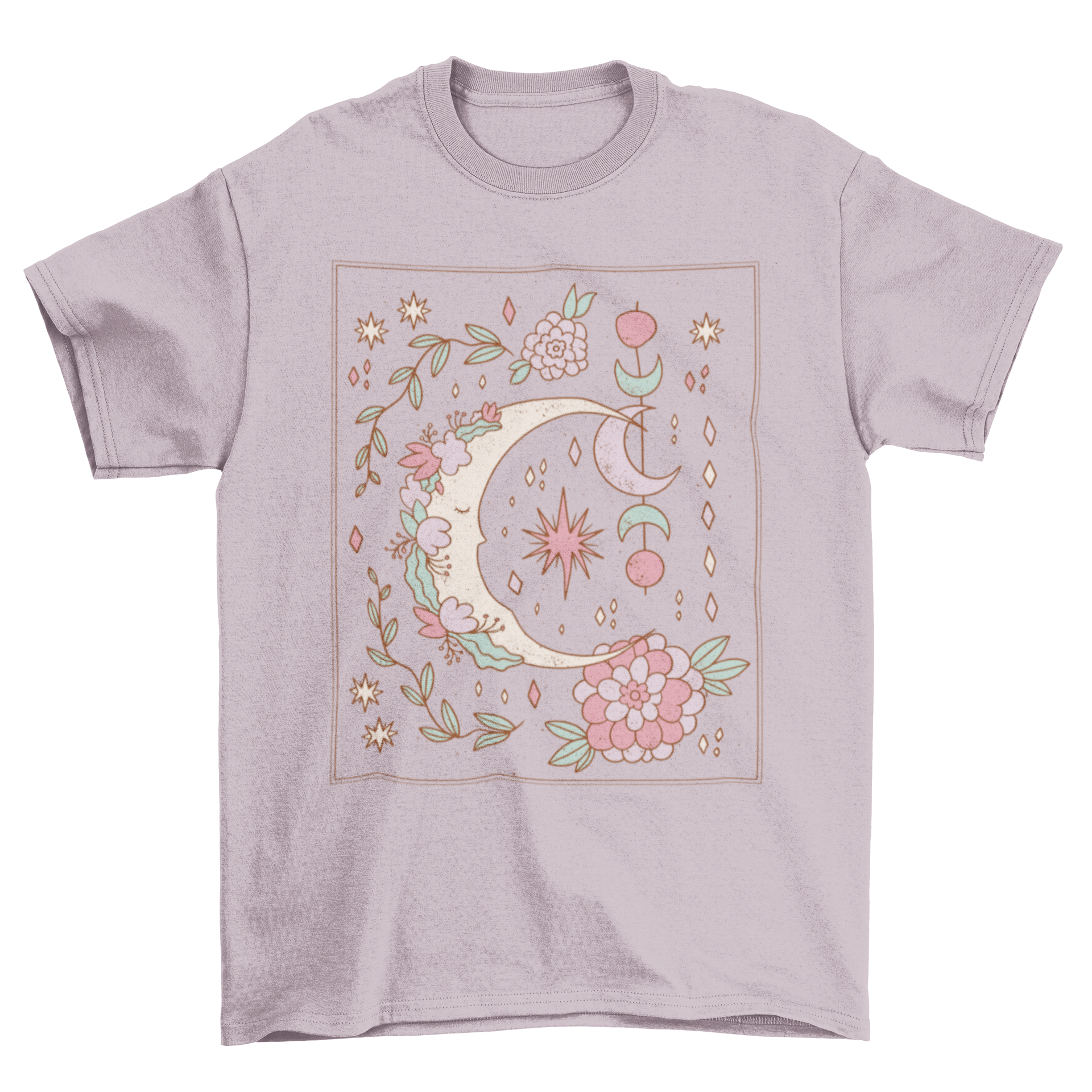 Floral Ornamental Moon T-shirt featuring a crescent moon design with colorful flowers and intricate ornament details.
