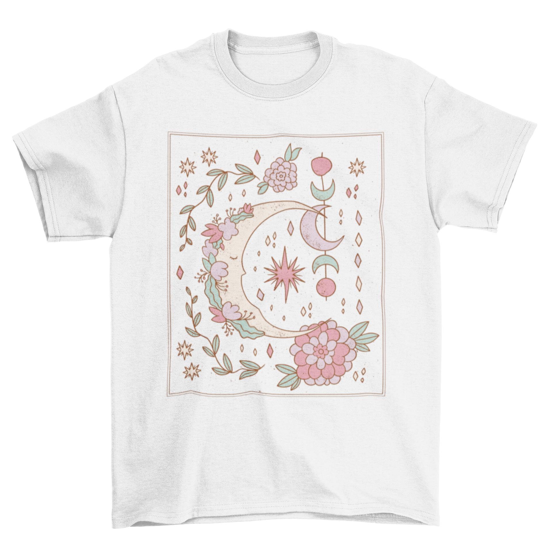 Floral Ornamental Moon T-shirt featuring a crescent moon design with colorful flowers and intricate ornament details.