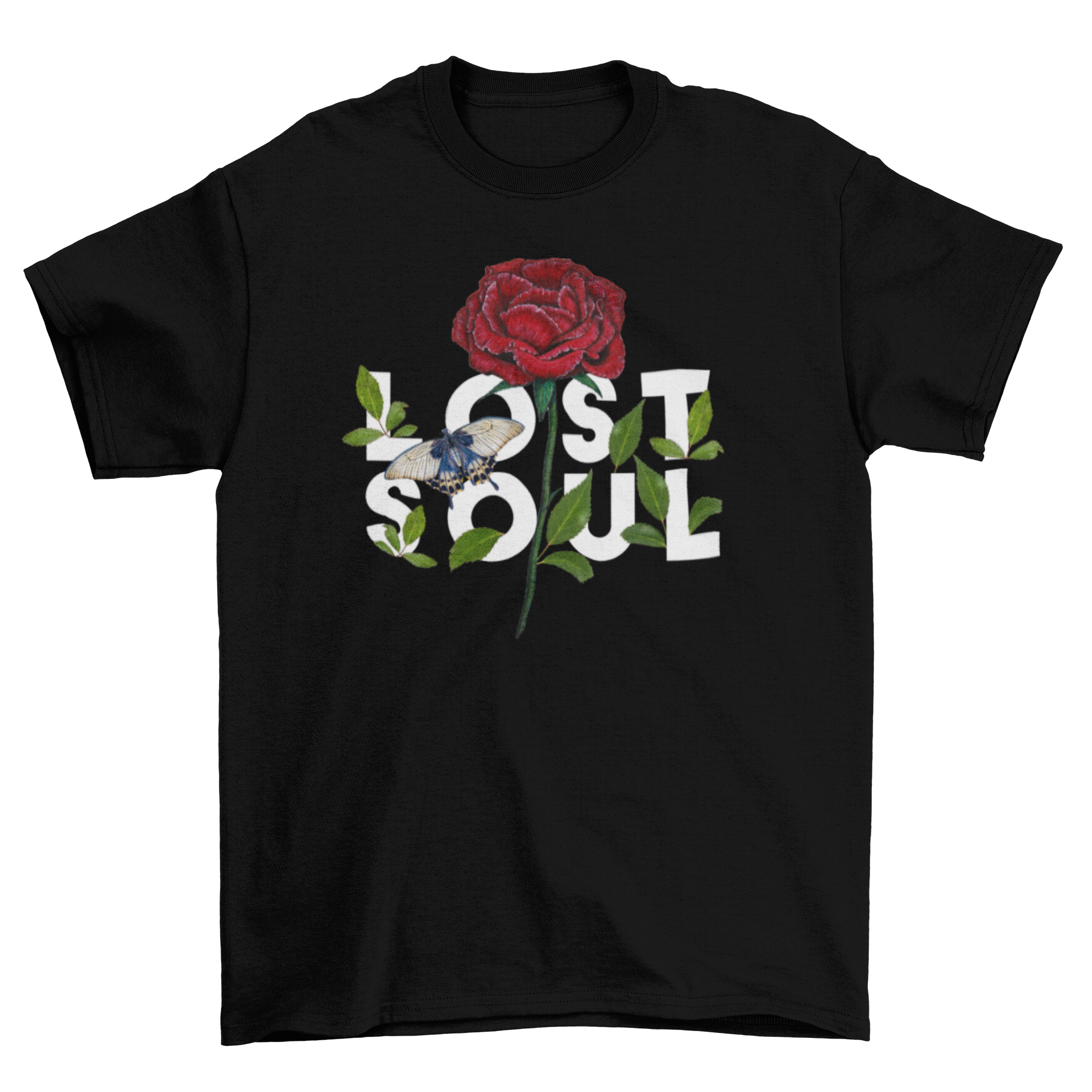 Floral rose design with a butterfly and the quote 'Lost Soul' on a stylish t-shirt.
