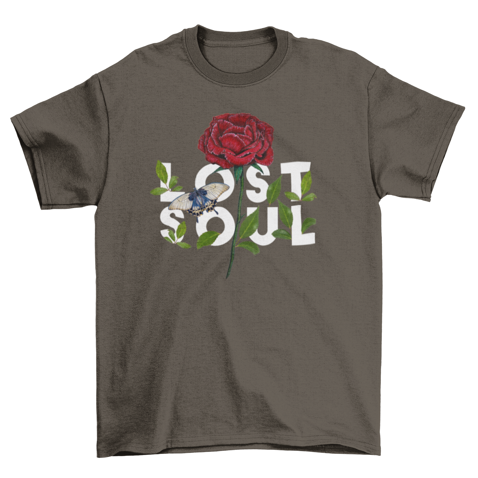 Floral rose design with a butterfly and the quote 'Lost Soul' on a stylish t-shirt.