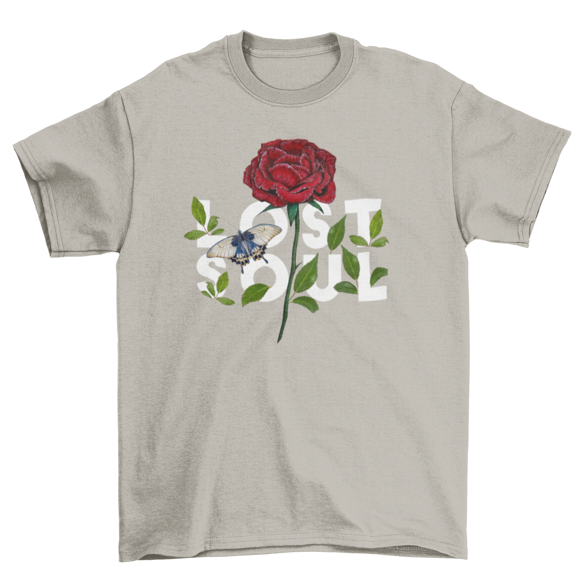 Floral rose design with a butterfly and the quote 'Lost Soul' on a stylish t-shirt.