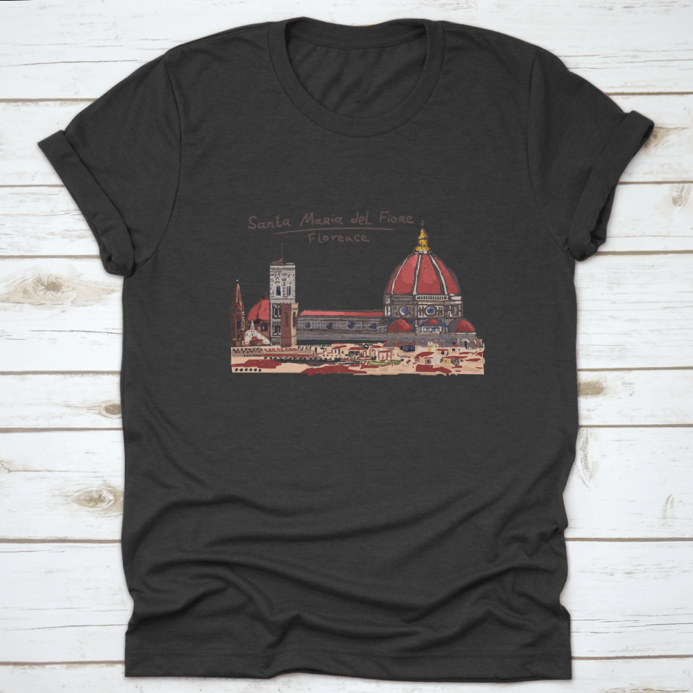 Vector hand-drawn sketch of Florence's Duomo Santa Maria Del Fiore on a cotton T-shirt, showcasing intricate architectural details.